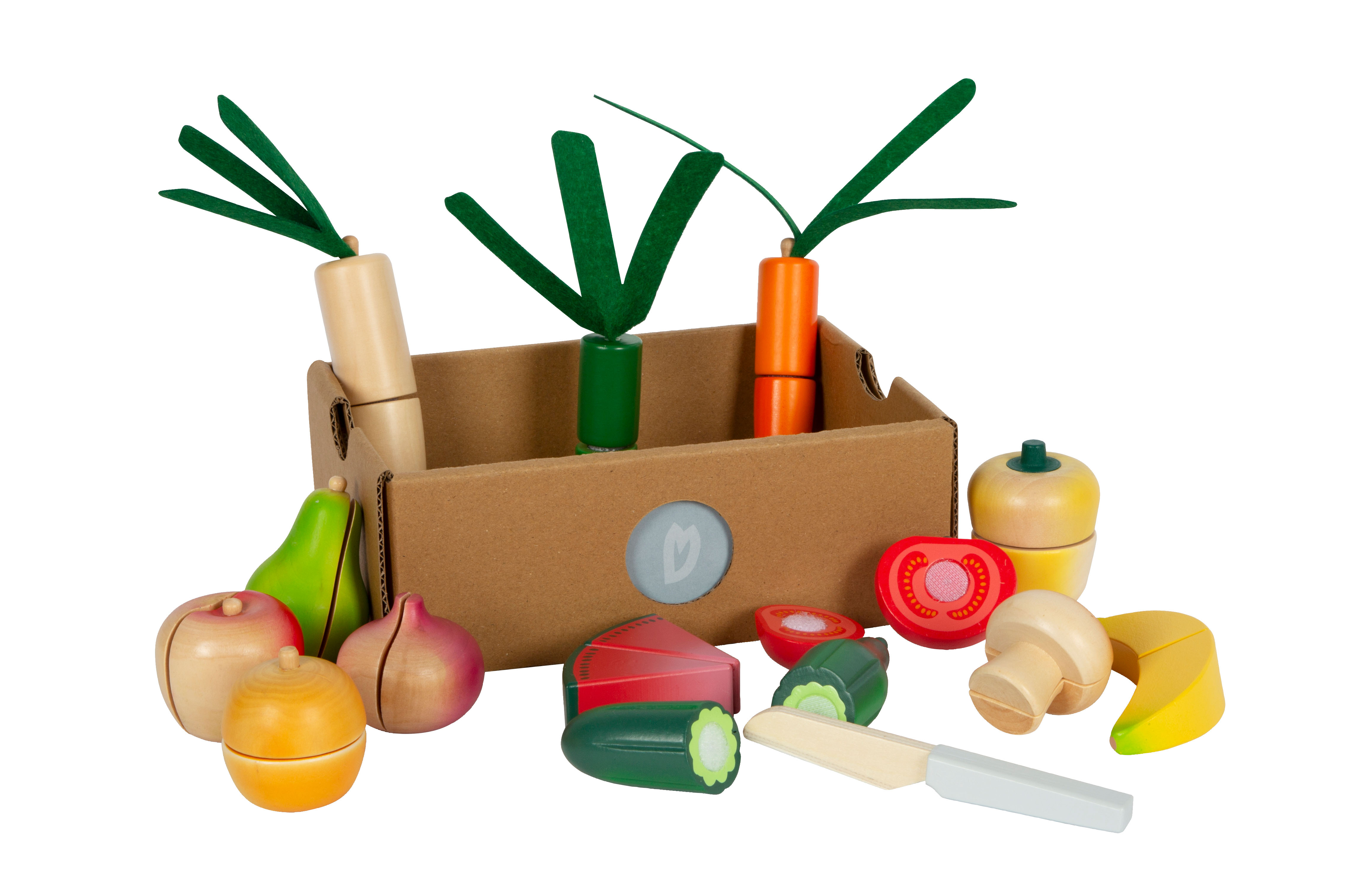 Lebensmittelset aus Holz mit Obst und Gemüse
