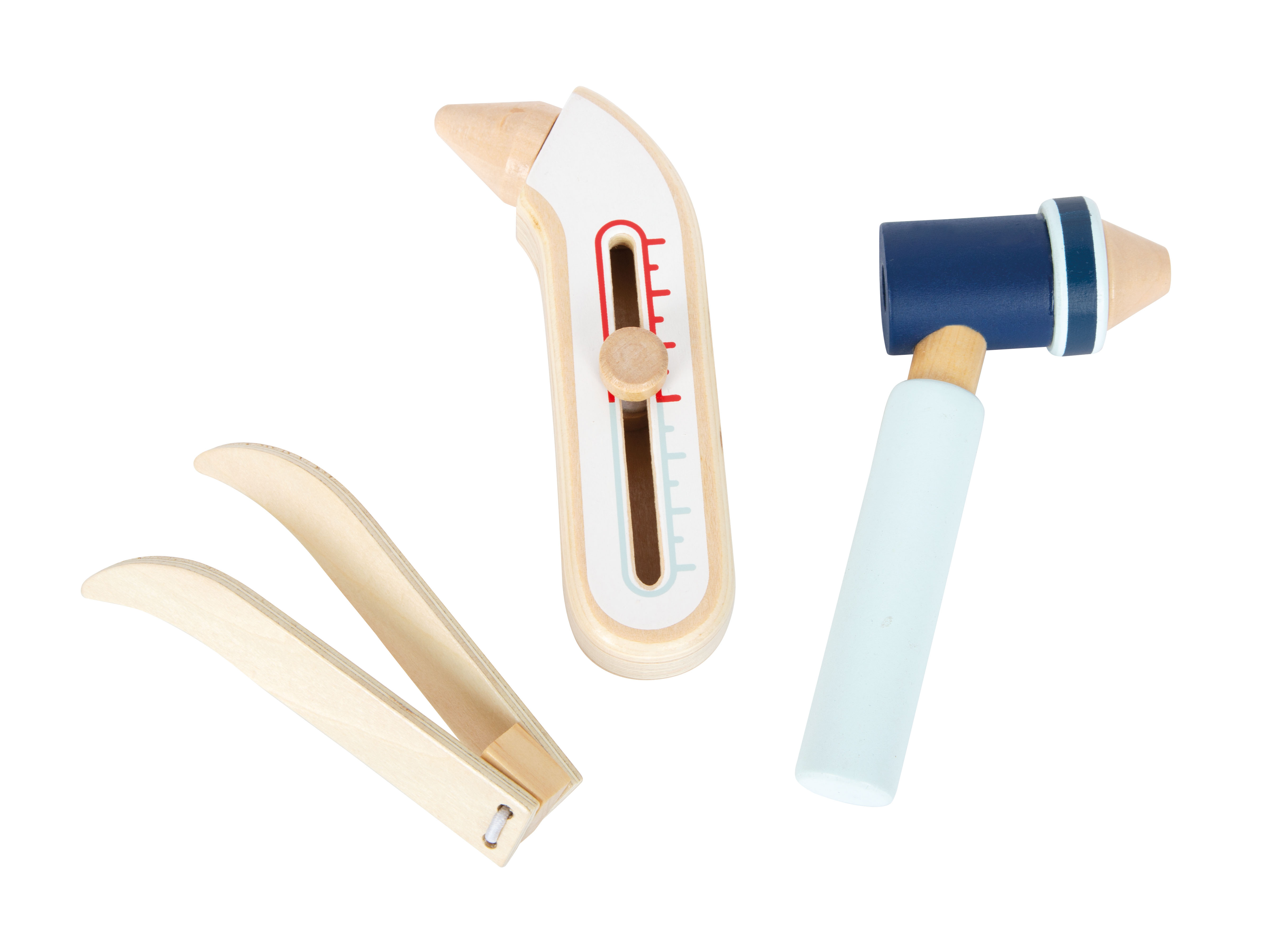 Fieberthermometer, Pinzette und Otoskop aus Holz
