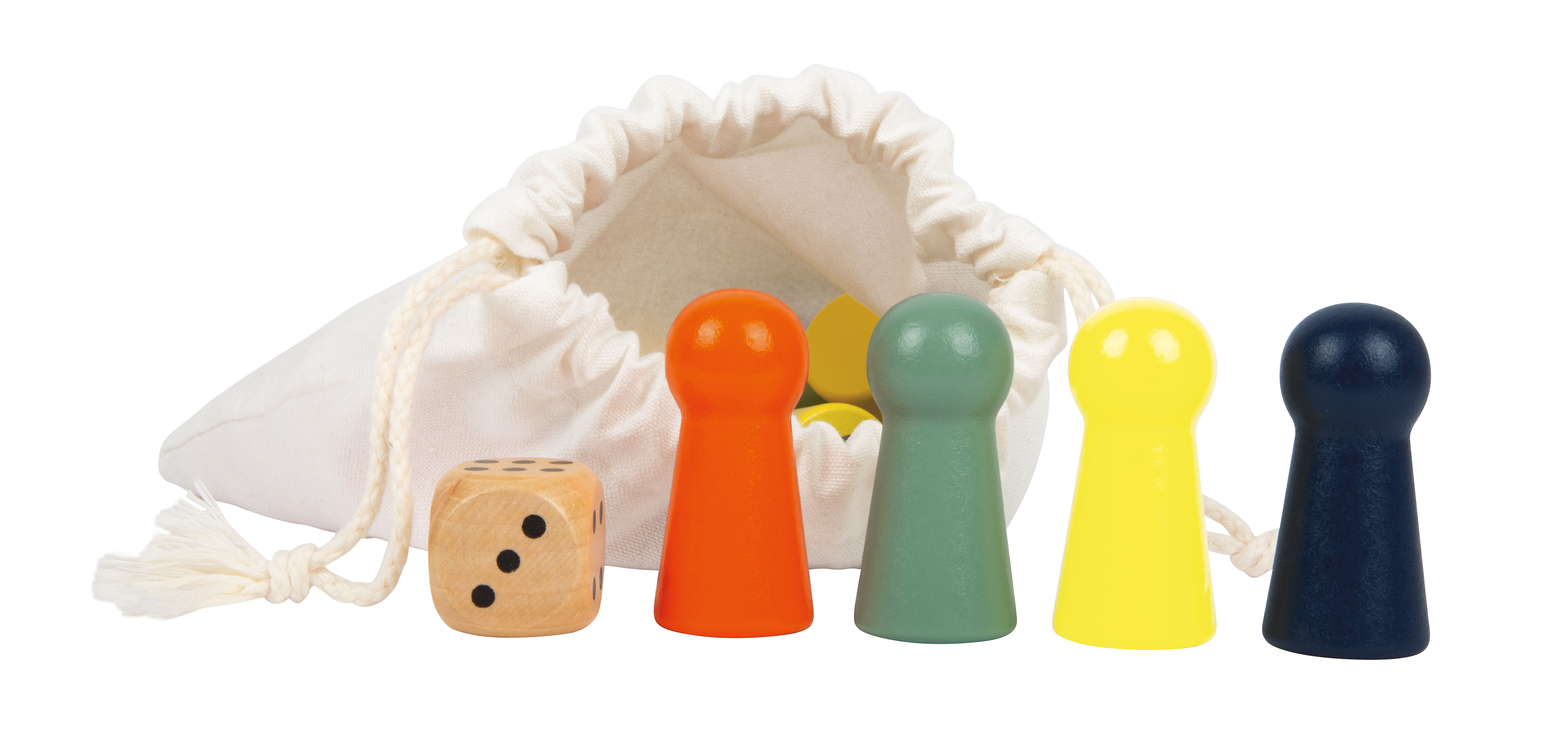 Vier Spielfiguren aus Holz mit Würfel und Beutel