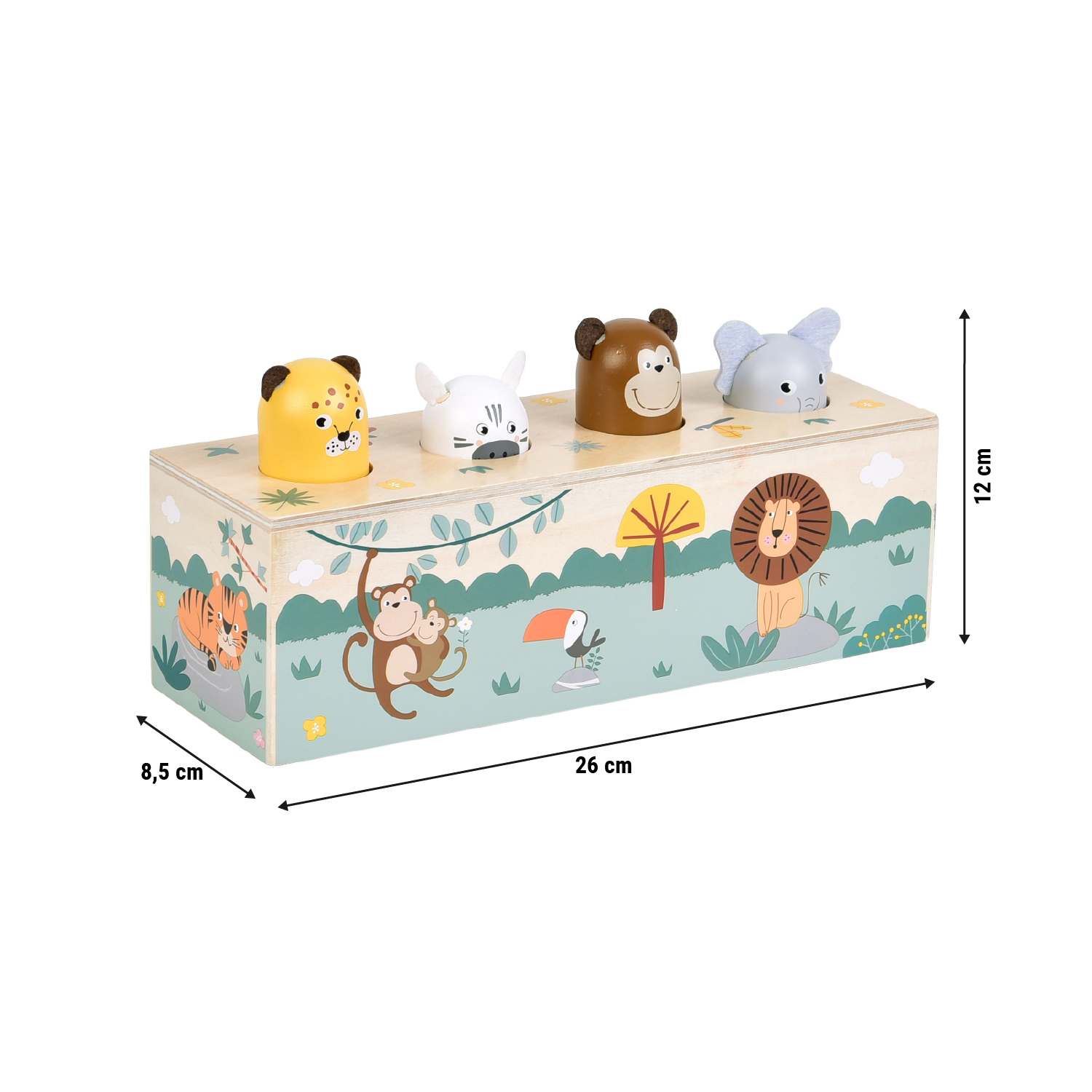 Größenskizze vom Safari Drückspiel aus Holz für Kinder