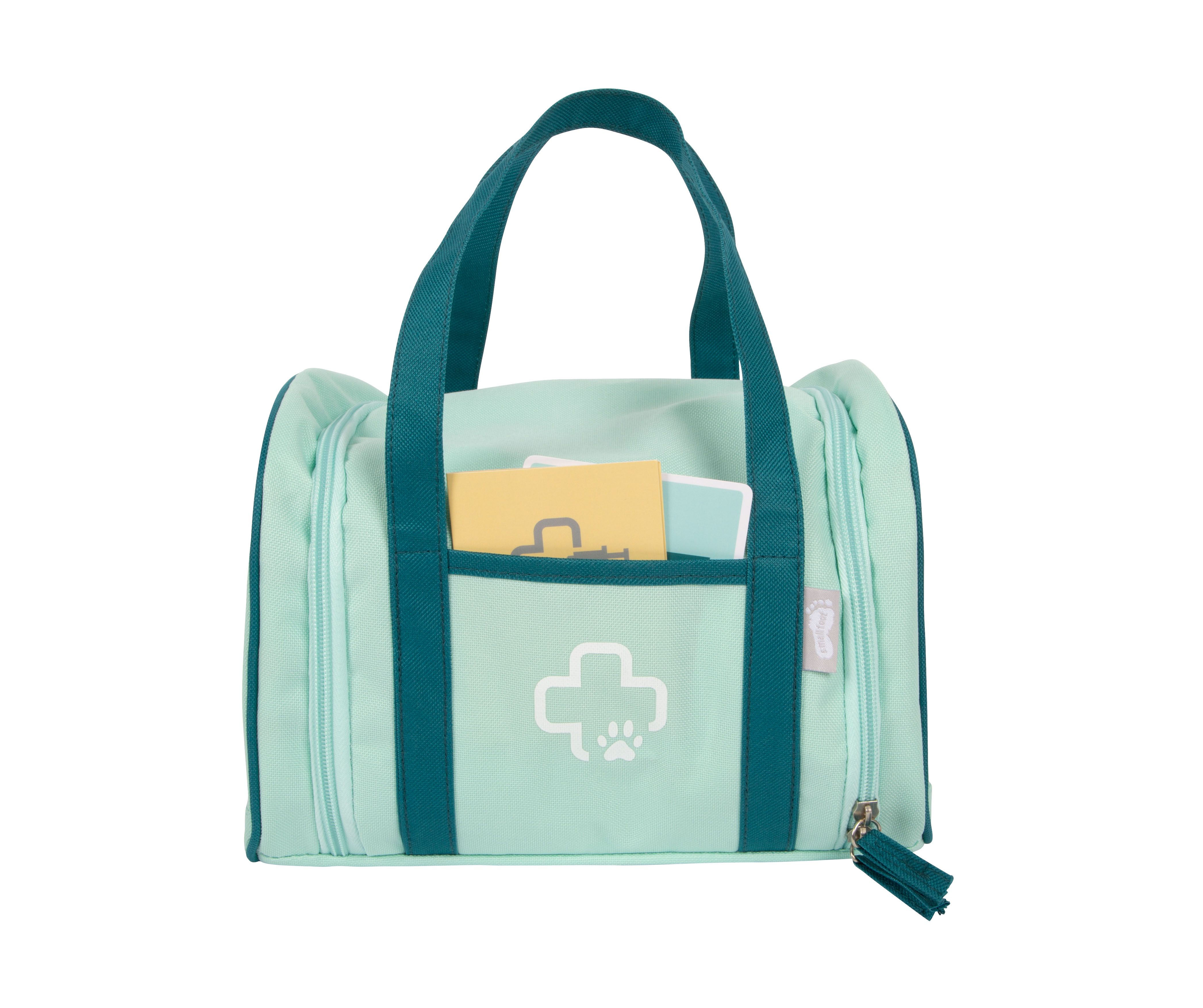 Tierarzt-Tasche mit Hund und Zubehör in der Außentasche
