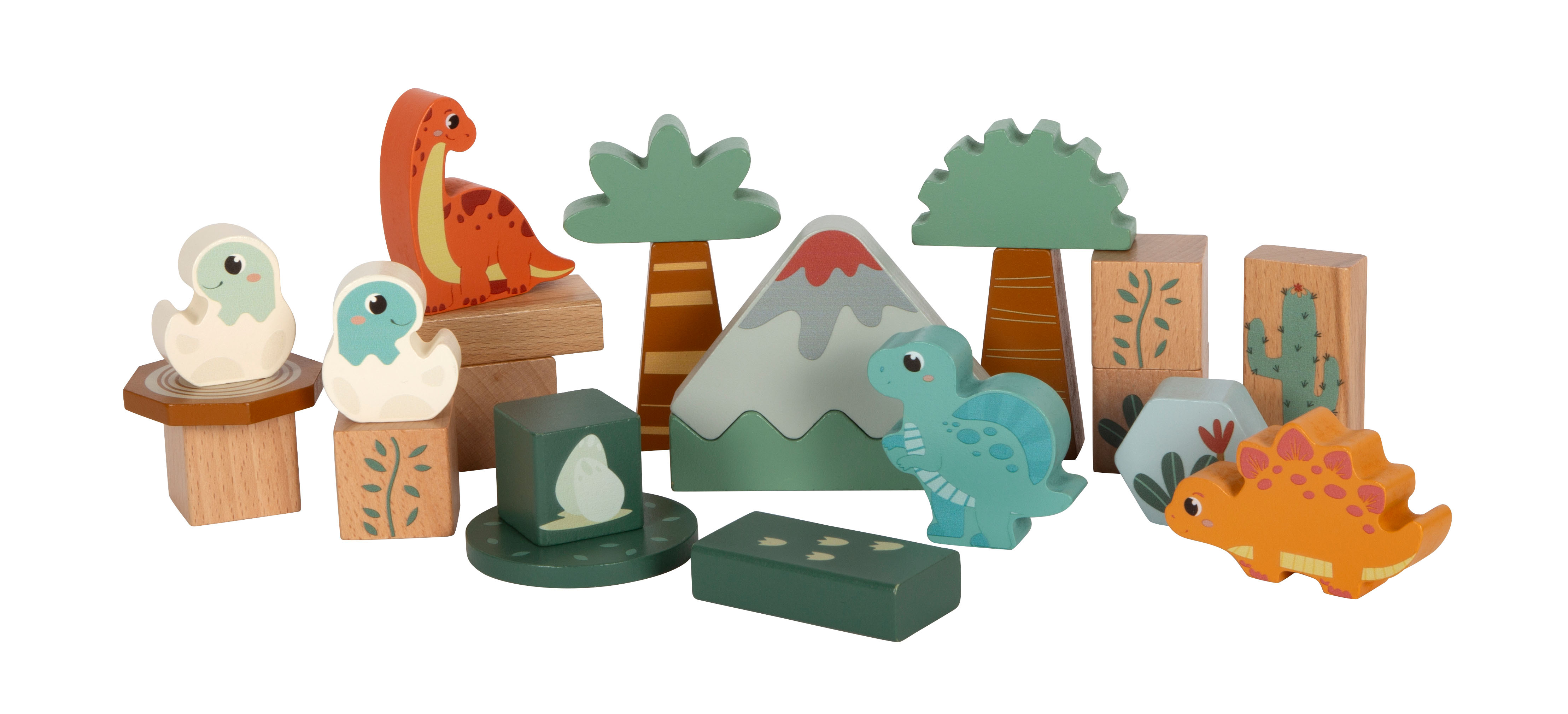 Viele Kinder-Holzbausteine mit Dinosauriern