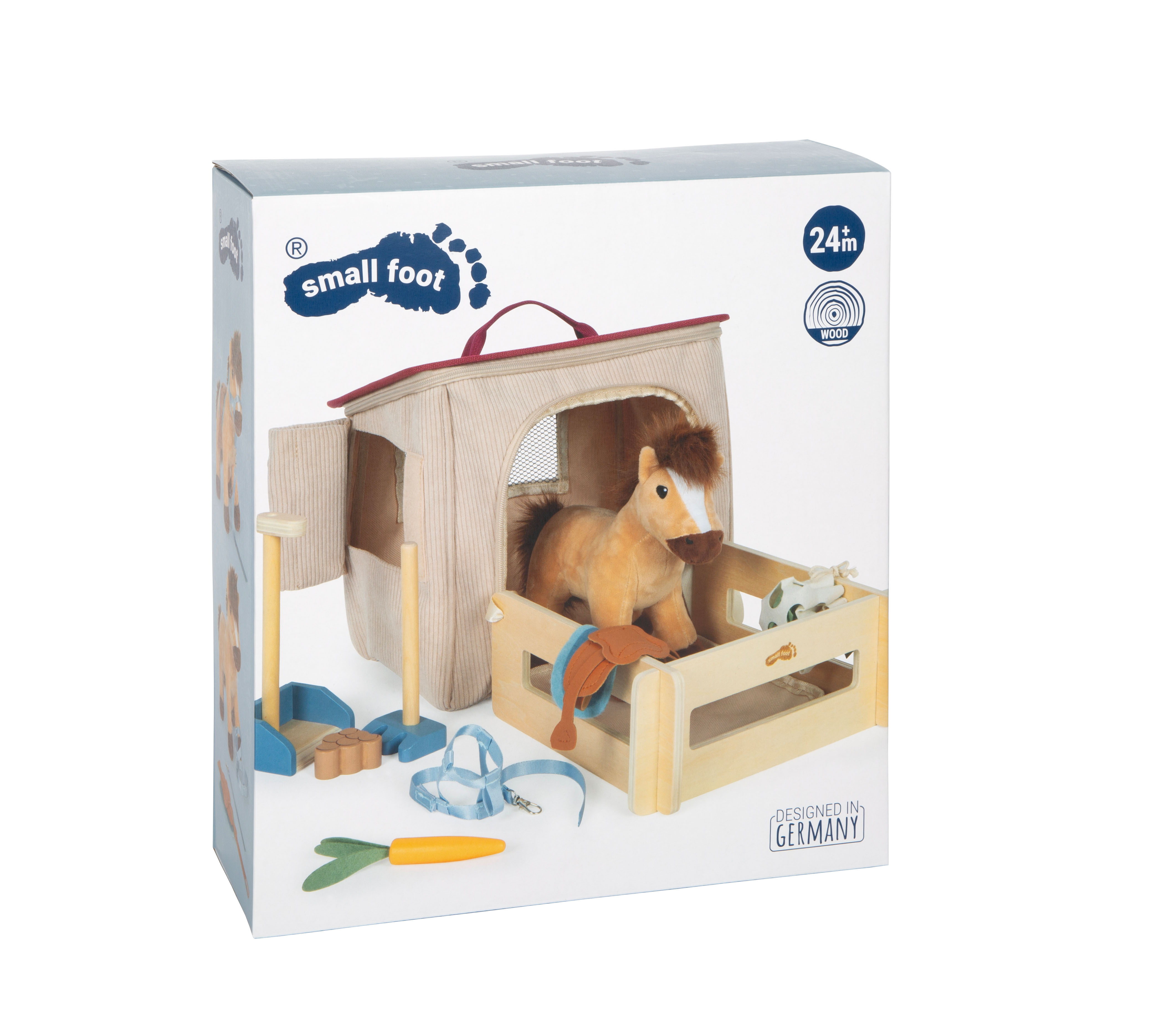 Verpackung von Spielset Pferd mit Stall und Zubehör in Tasche