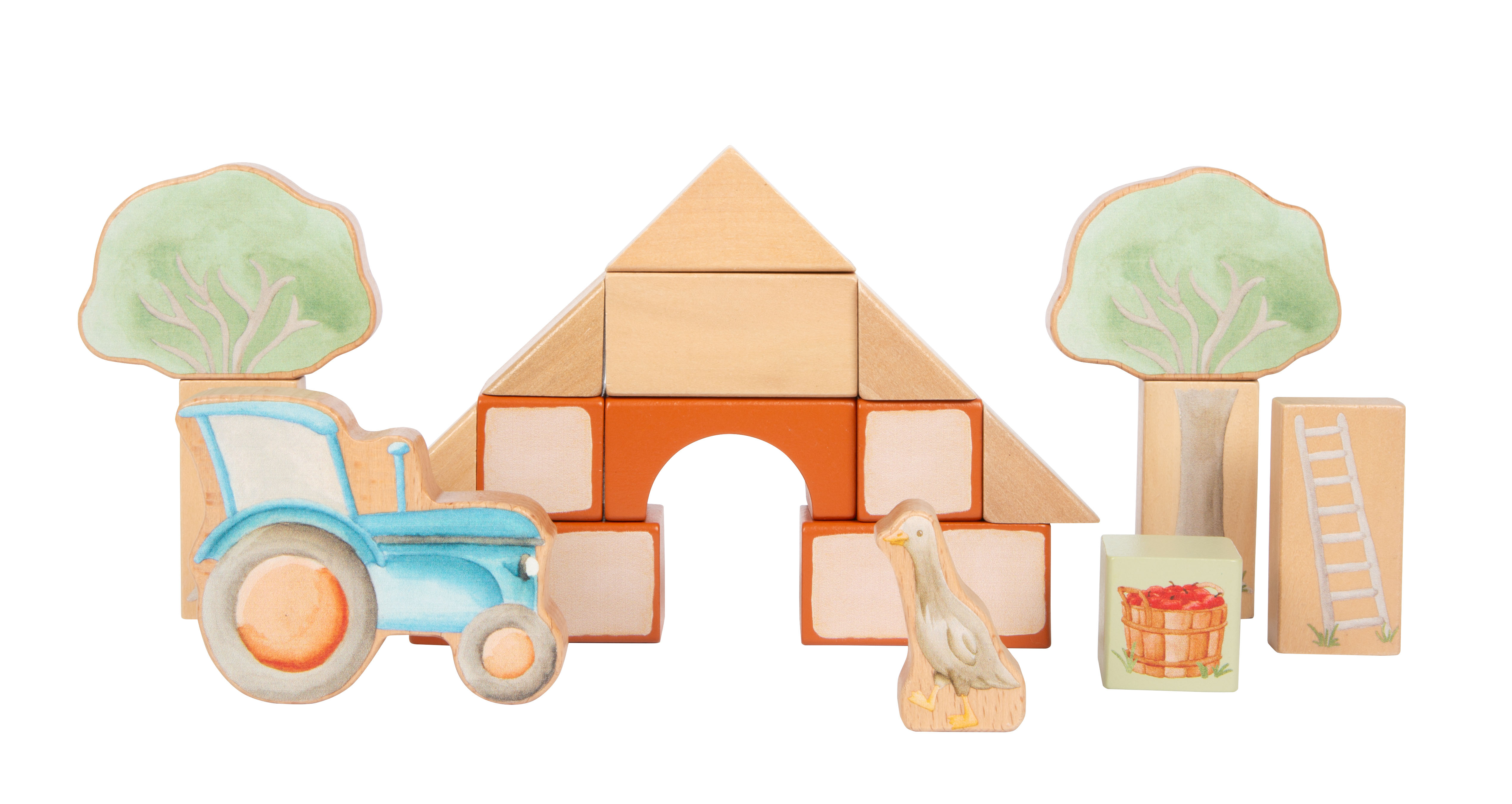 Holzbausteine Buddies mit Motiv zur Apfelernte