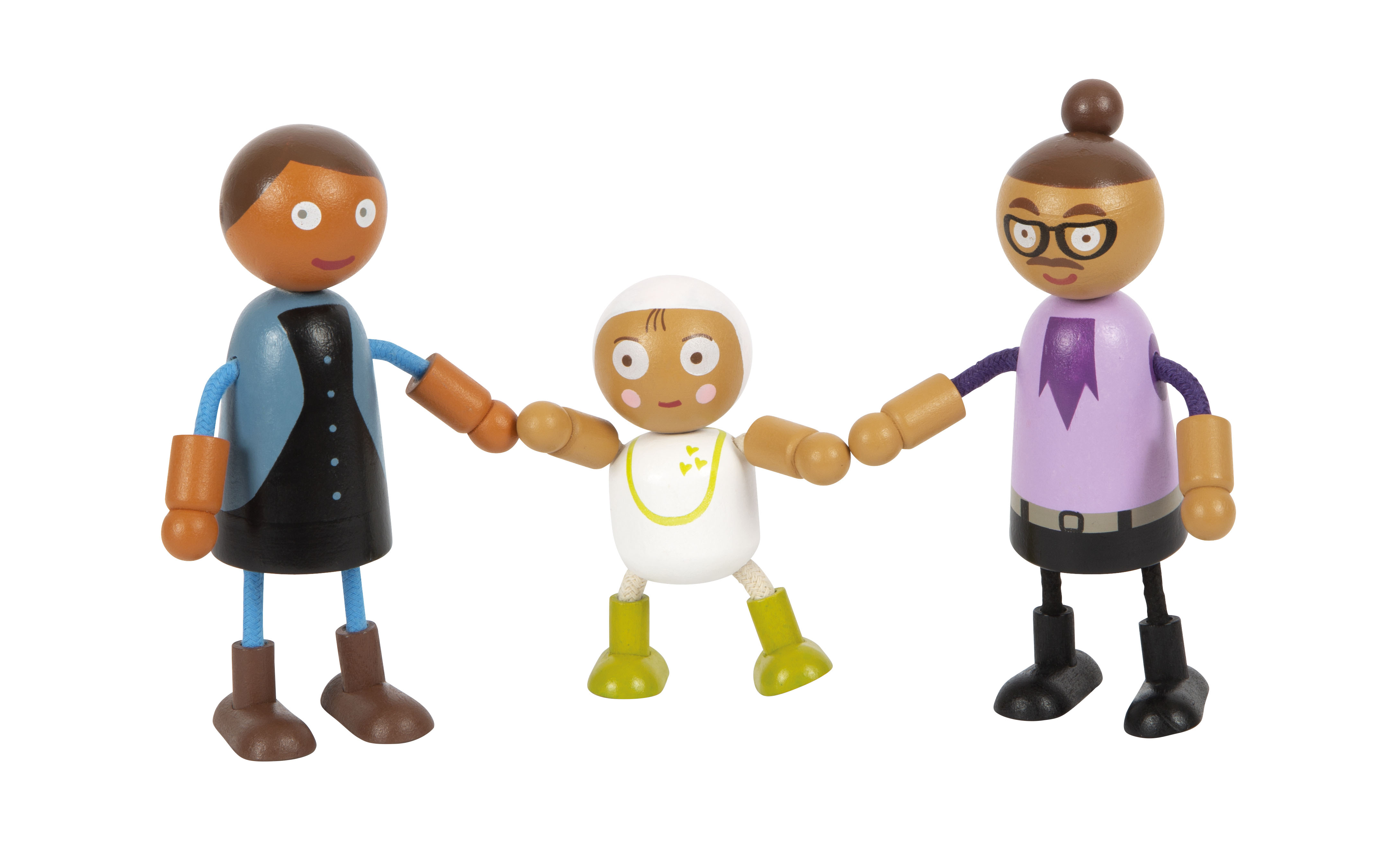 2 Spiel-Puppen aus Holz mit einem Baby