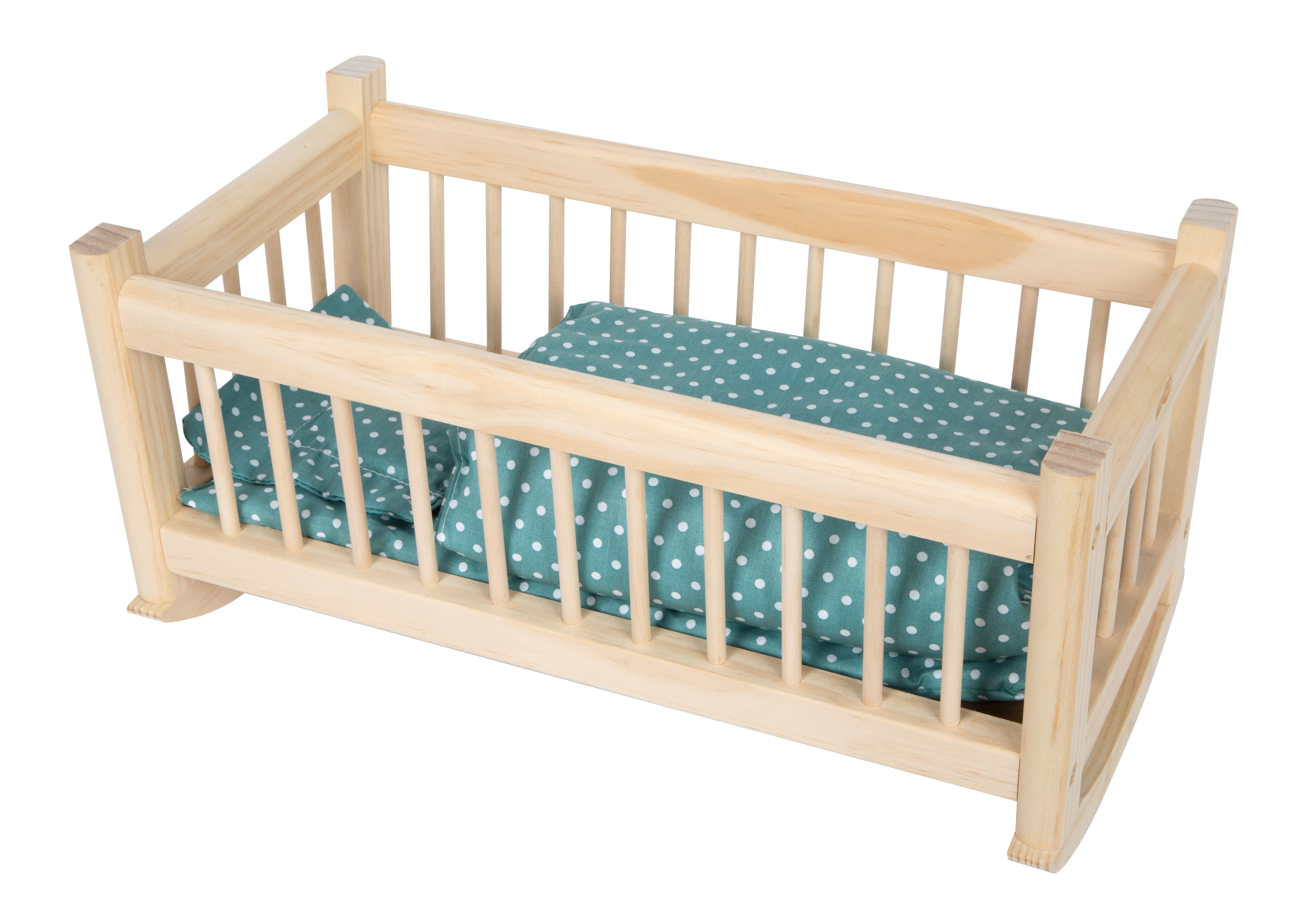 Puppenwiege aus Holz mit Bettwäsche