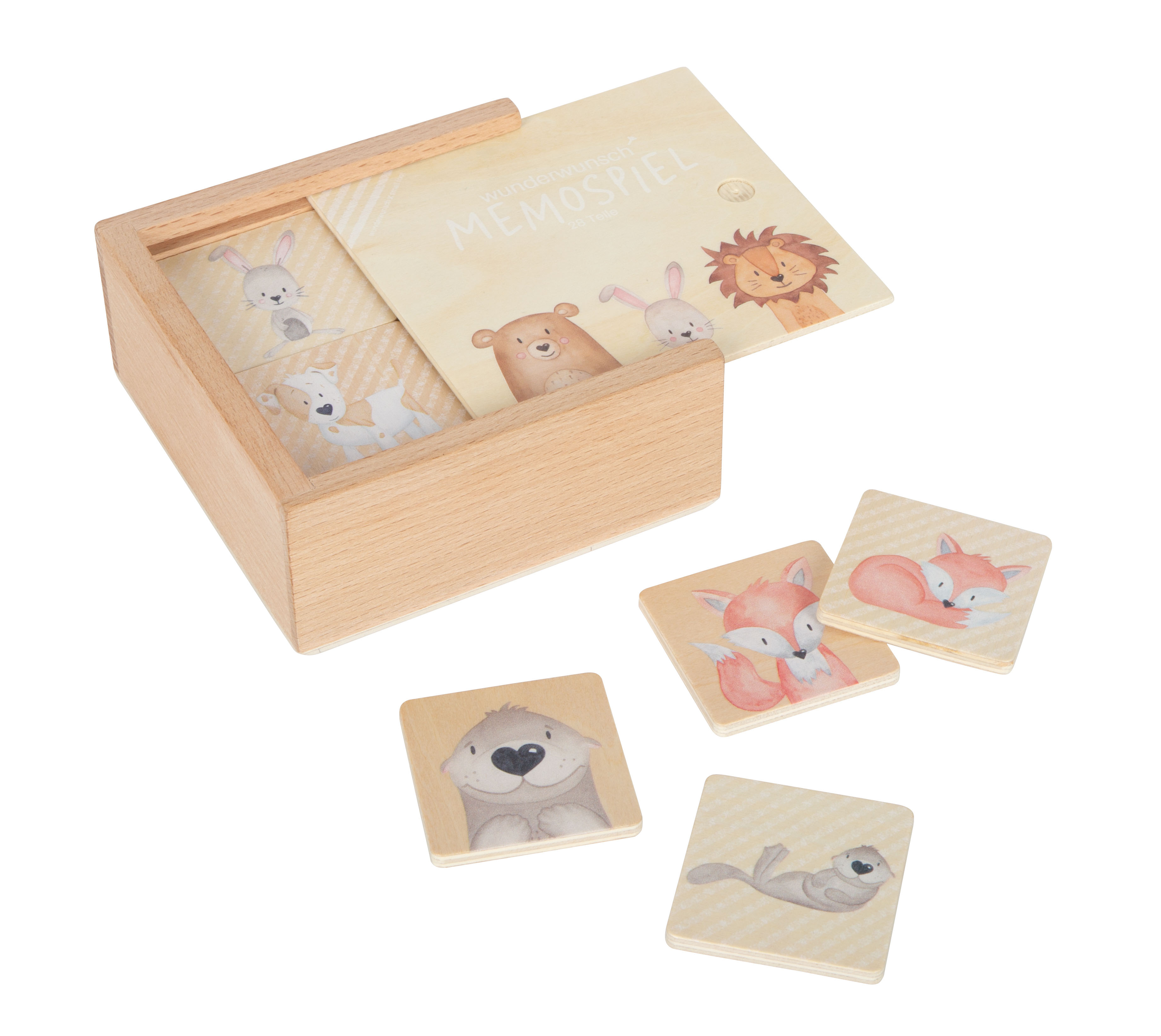 Tier-Memo in Holzbox mit Schiebedeckel