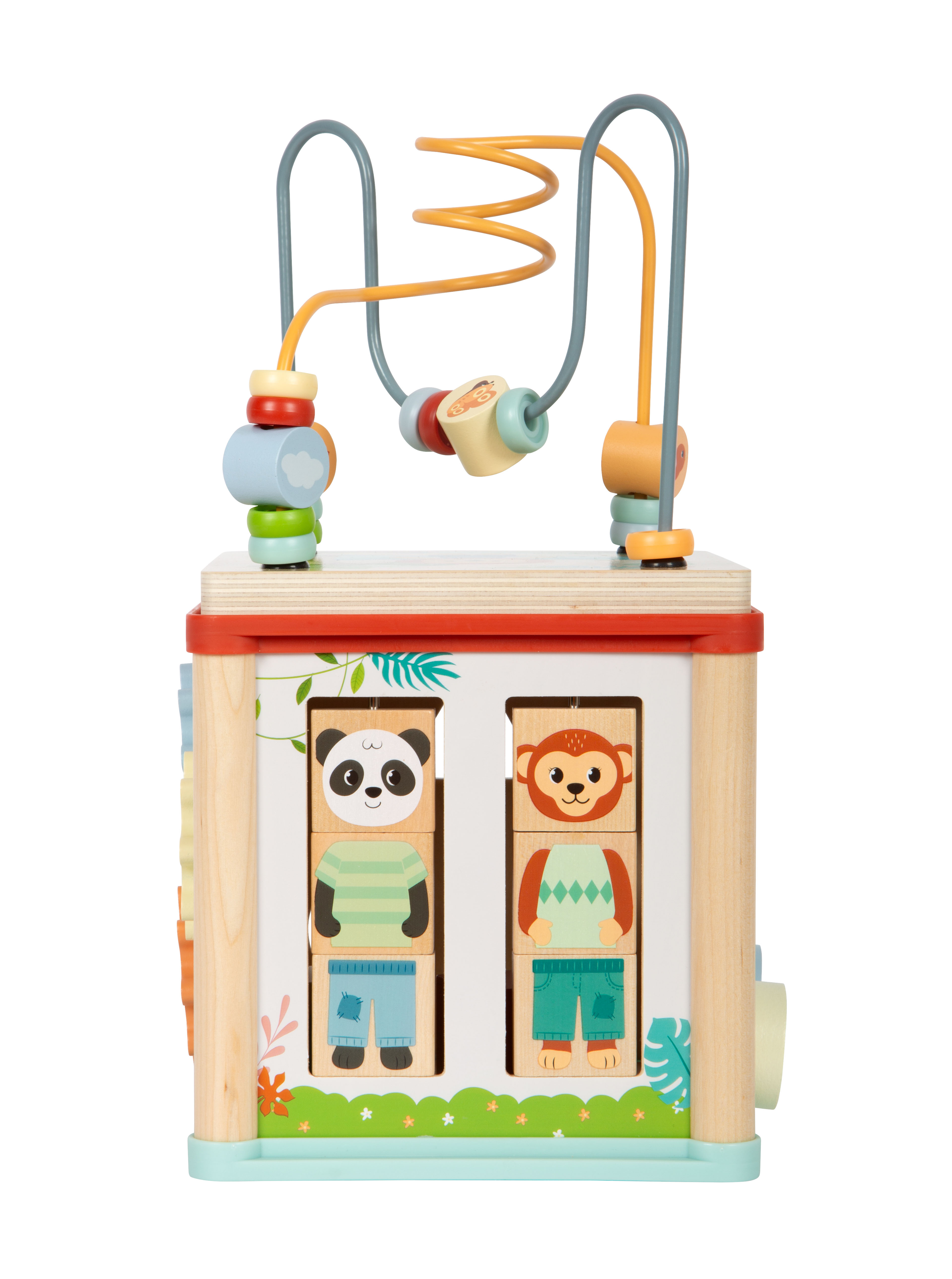 Motorikwürfel aus Holz mit Drehklappen-Spiel mit Panda- und Affe-Abbildung