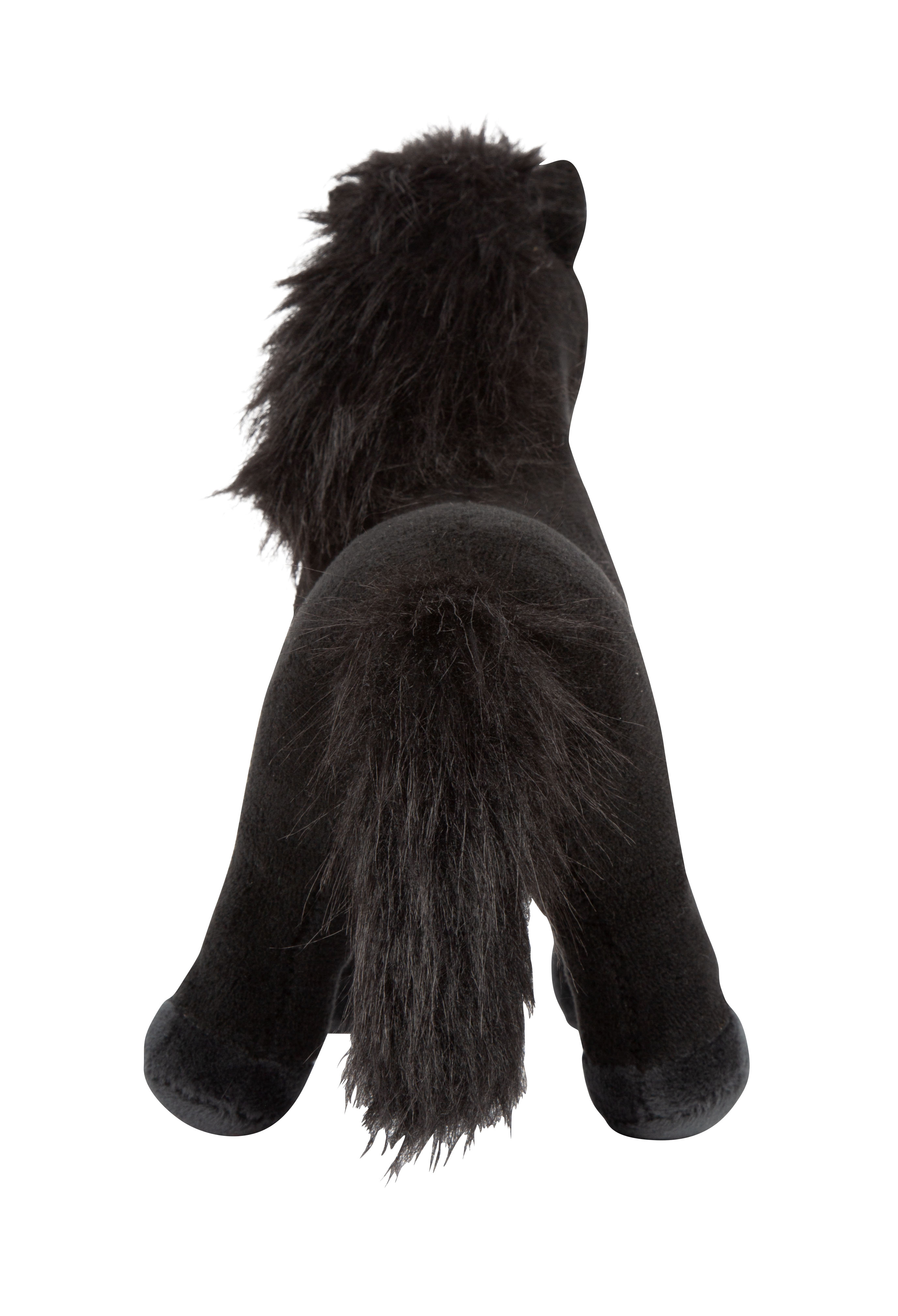 Schwarzes Plüschpferd Blacky von hinten