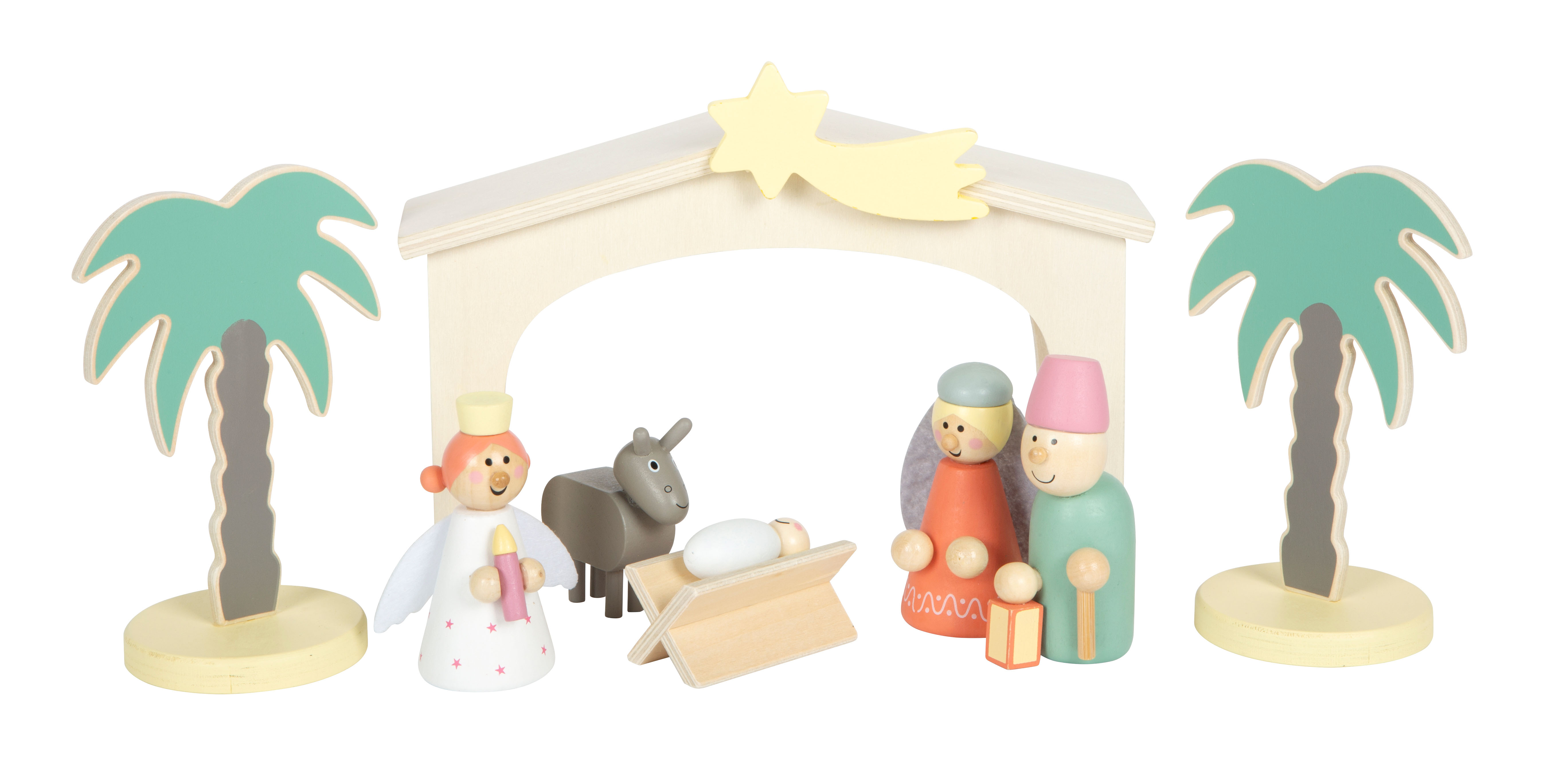 Holzkrippe Stall mit Engel und Jesus