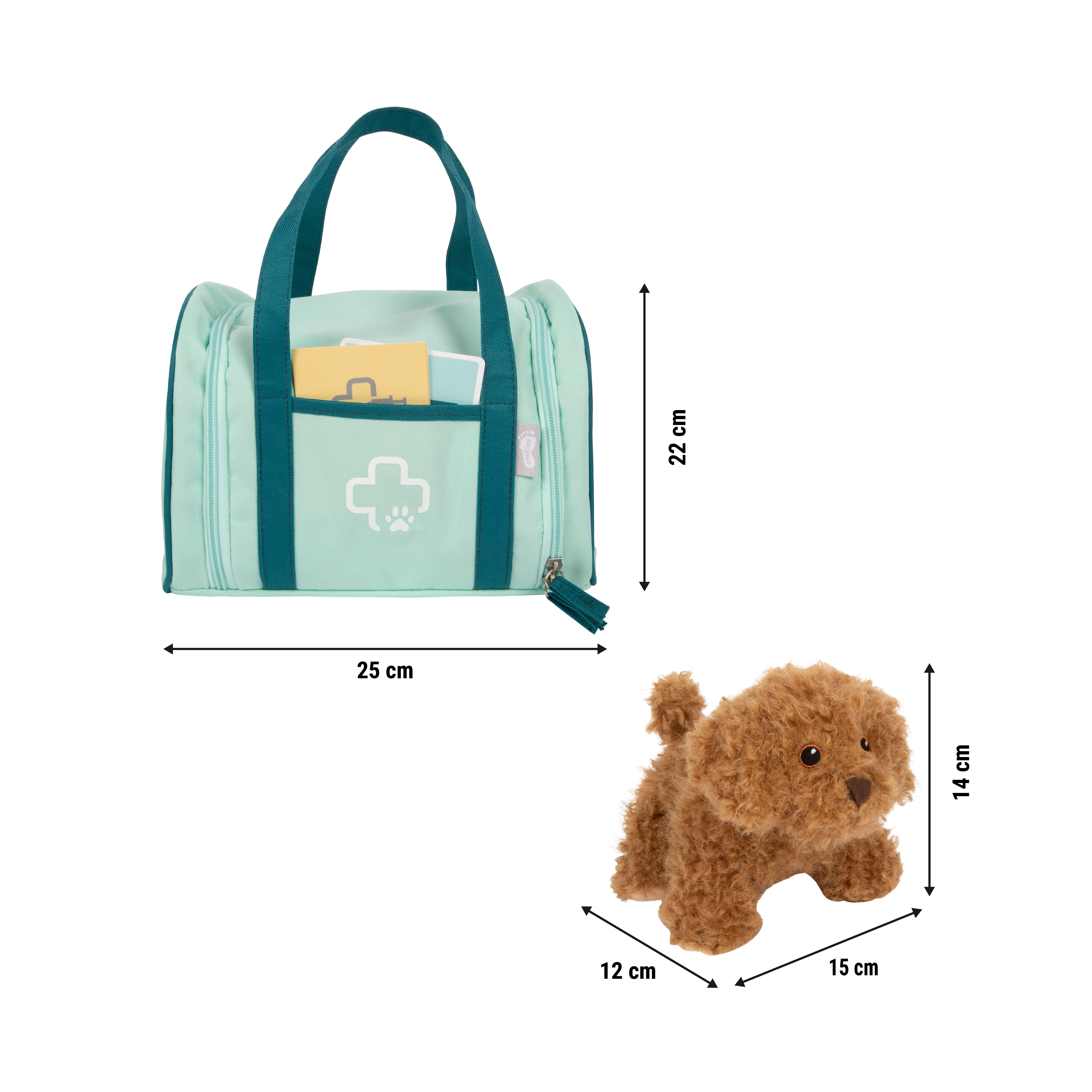 Tierarzt-Tasche mit Hund als Maßgrafik mit Produktabmessungen