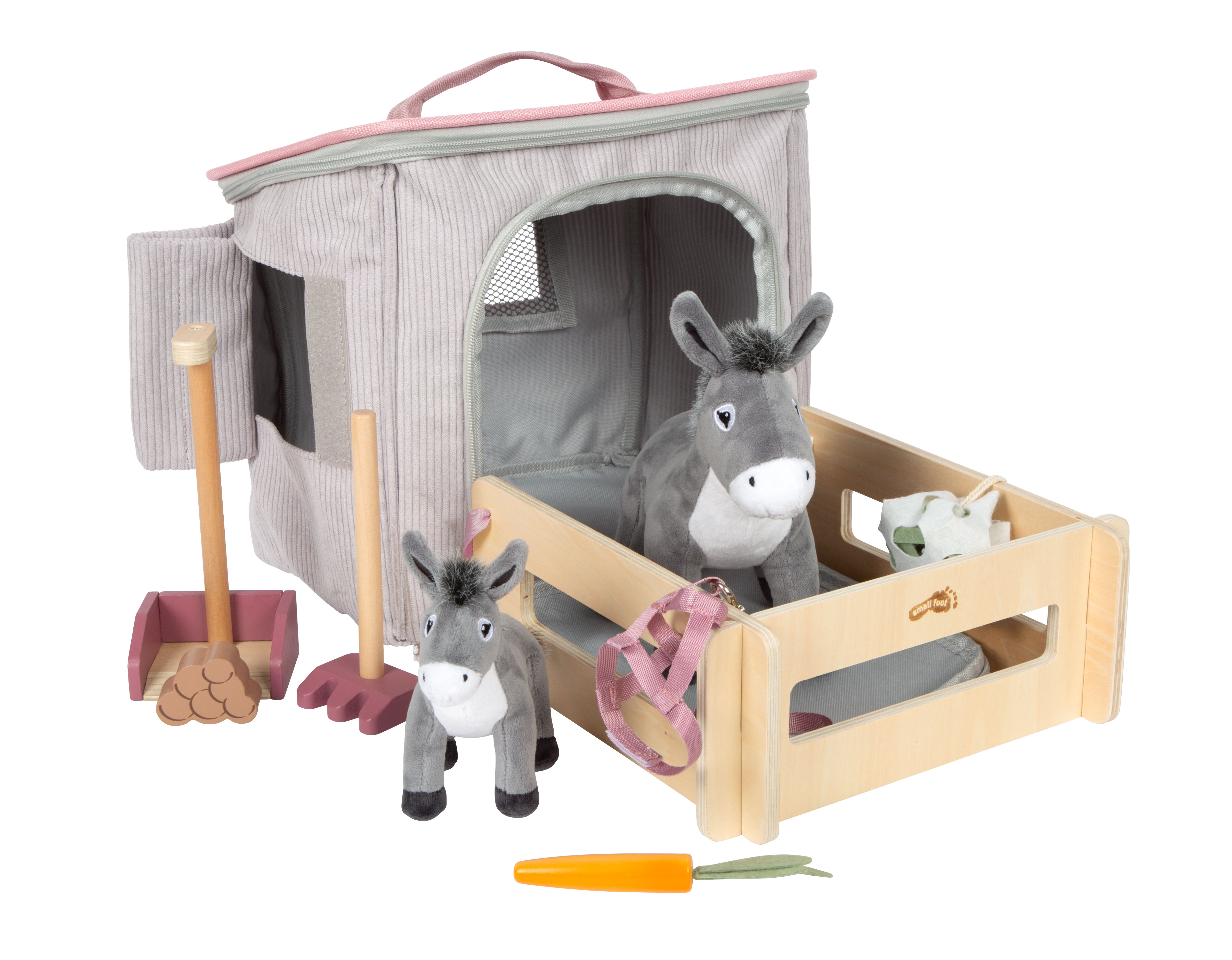 Spielset Esel mit Stall und Zubehör in der Tasche