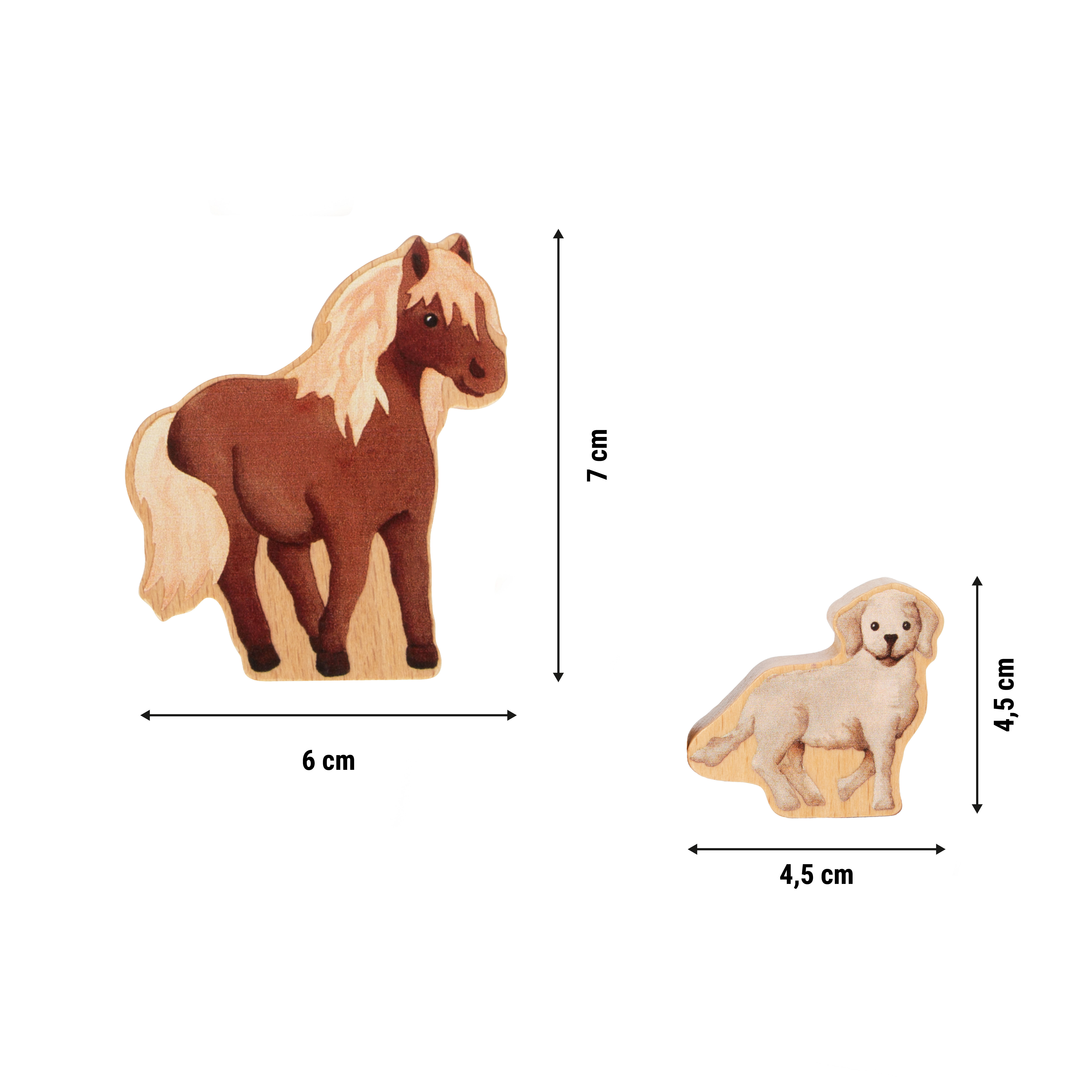Stapeltiere Farm Buddies als Maßgrafik mit Produktabmessungen