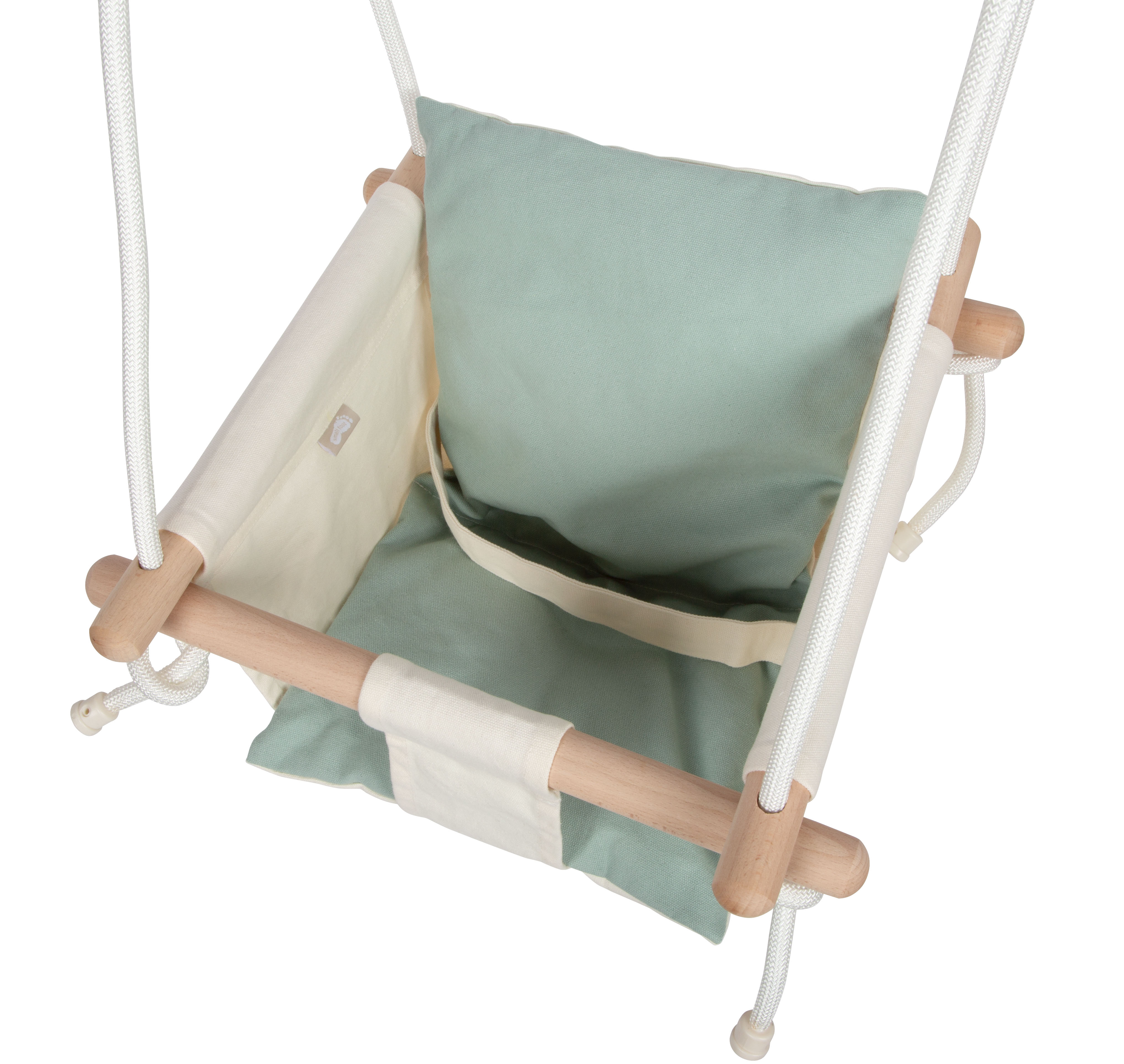 Beige und salbeigrüne Babyschaukel aus Stoff mit Sicherheitsgurt