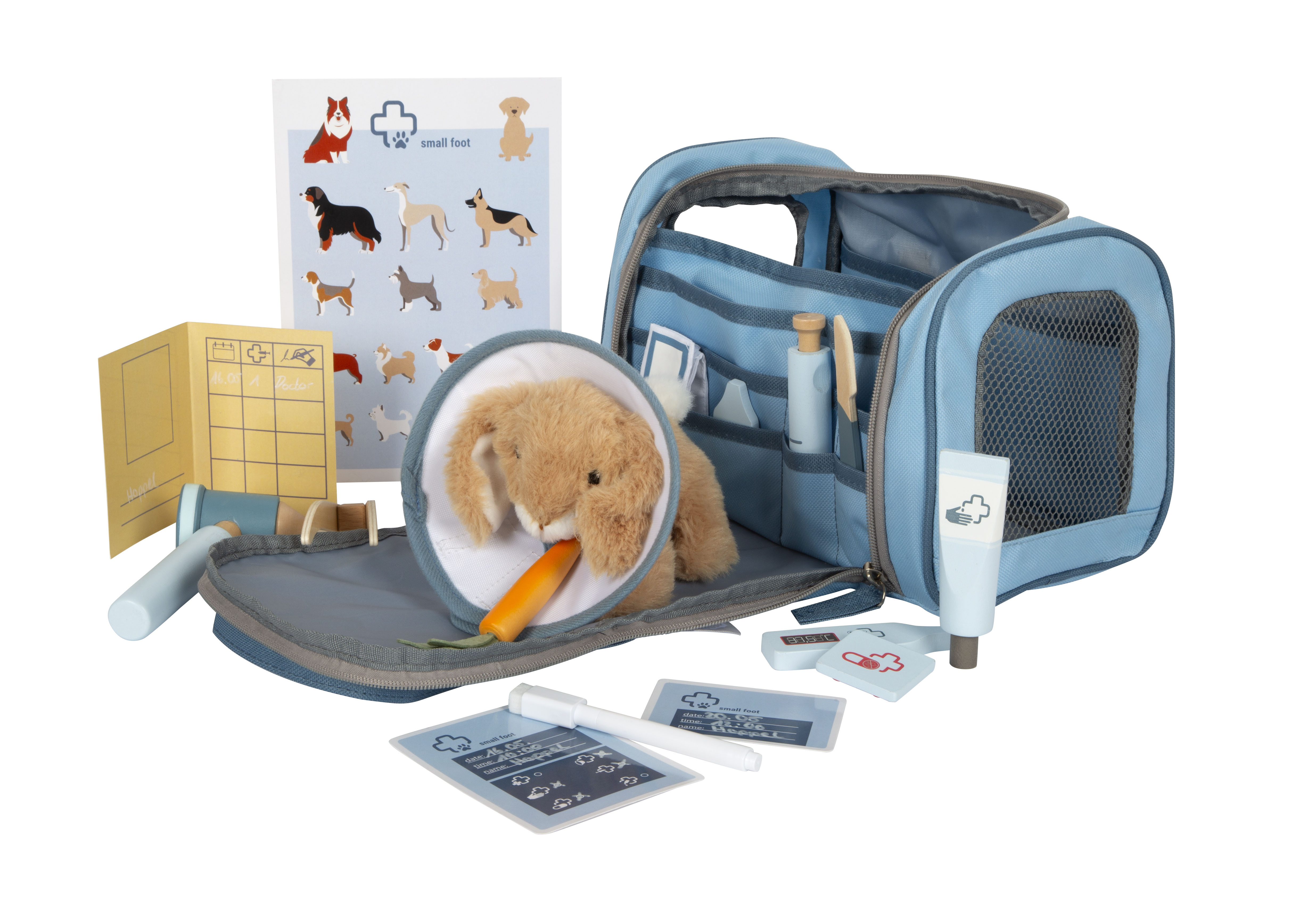 Spiel-Tierarzt-Set mit Stoffhase mit Halskrause und Holz-Zubehör für Kinder