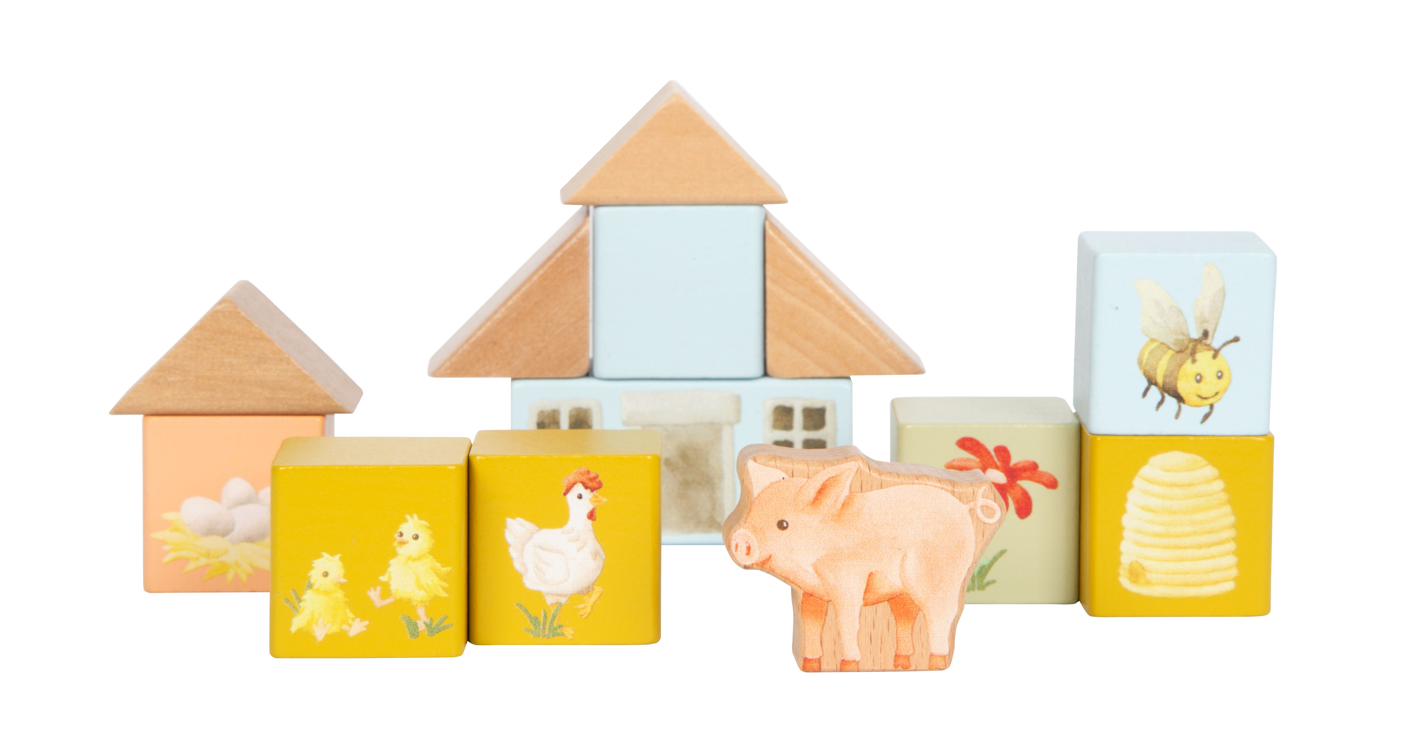 Holzbausteine Buddies mit Imkerei- und Eiermotiven