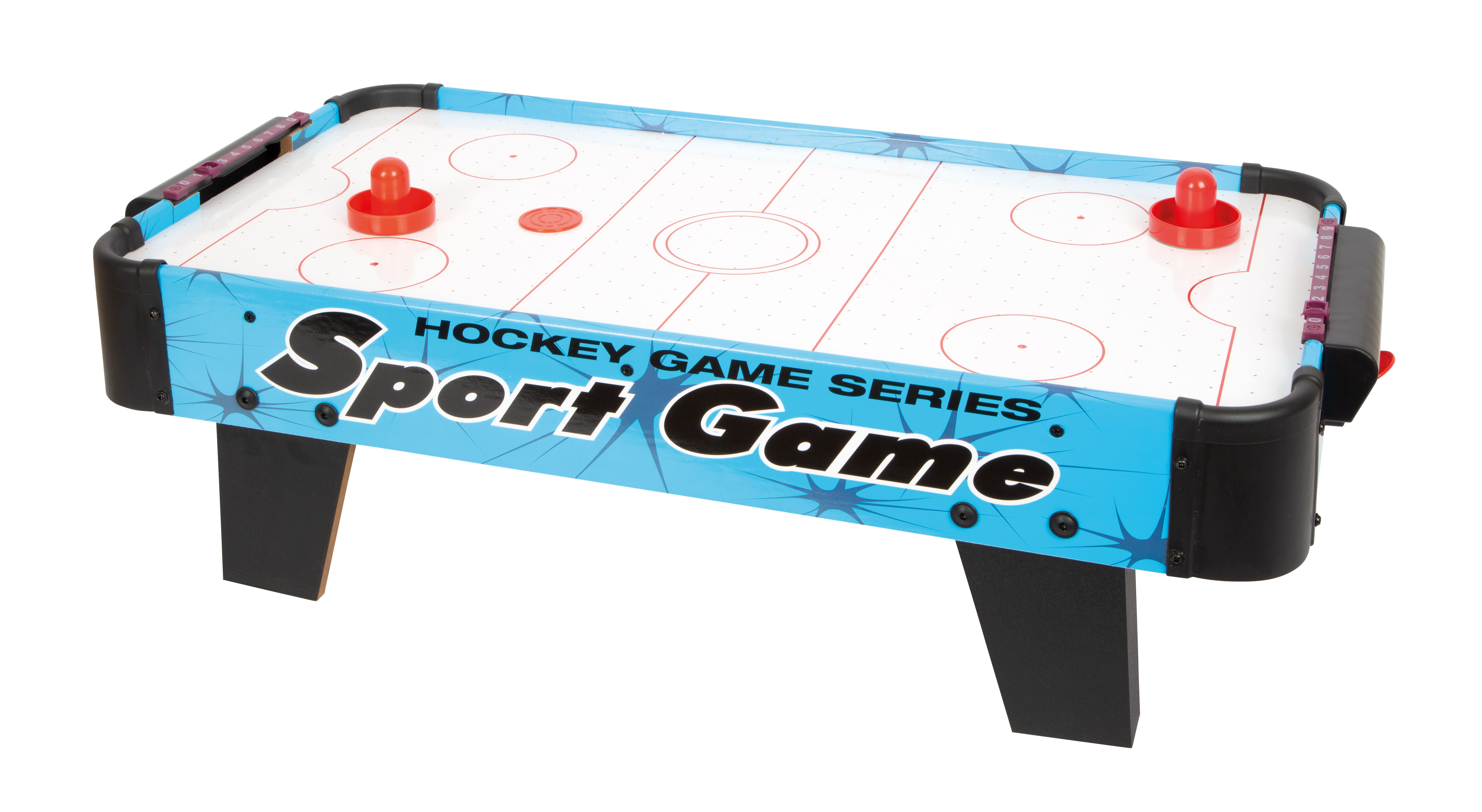 Blauer Air-Hockey-Tisch mit Spielsteinen