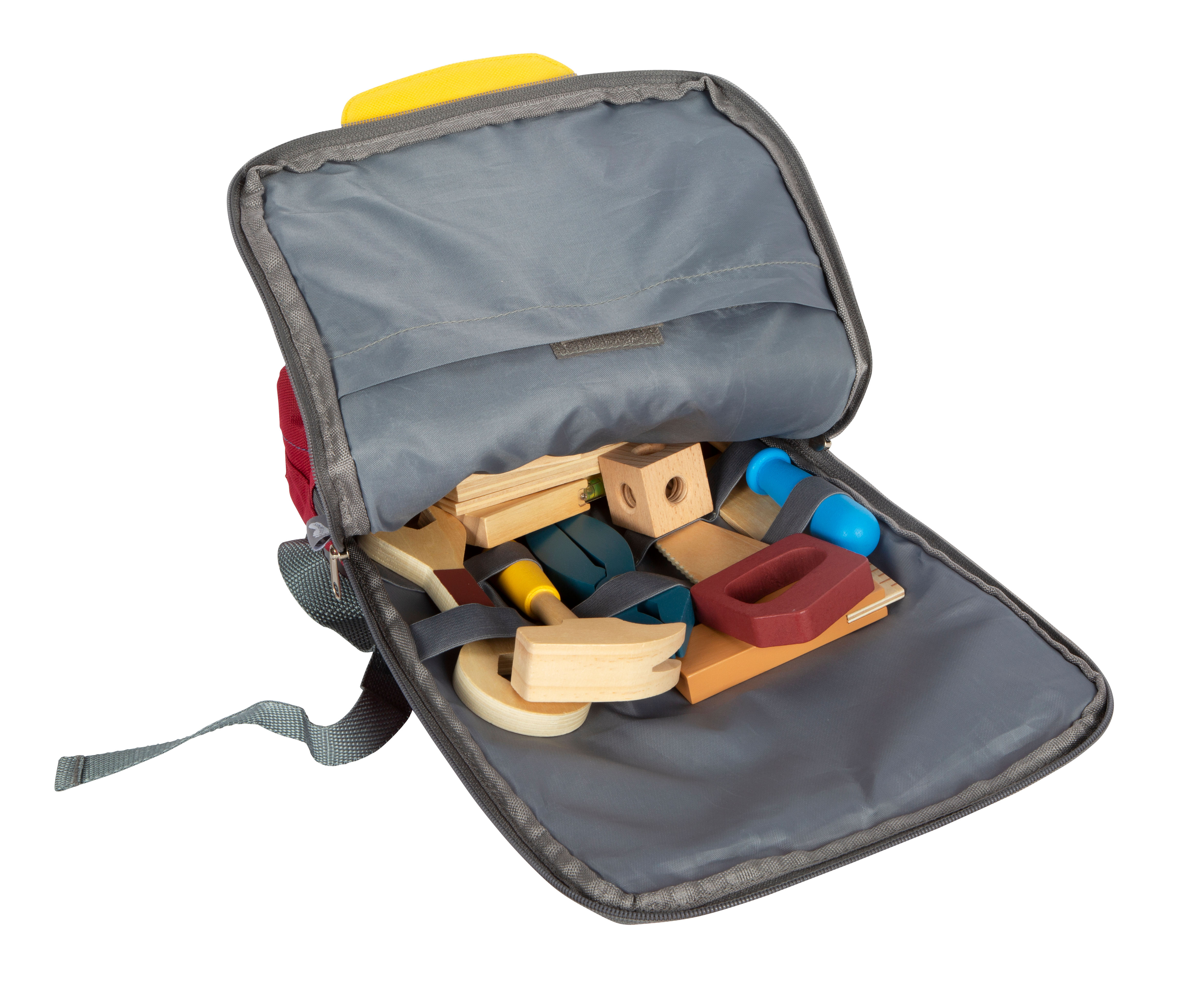 Werkzeugrucksack Bausatz workshop mit Rucksack geöffnet Stauraum