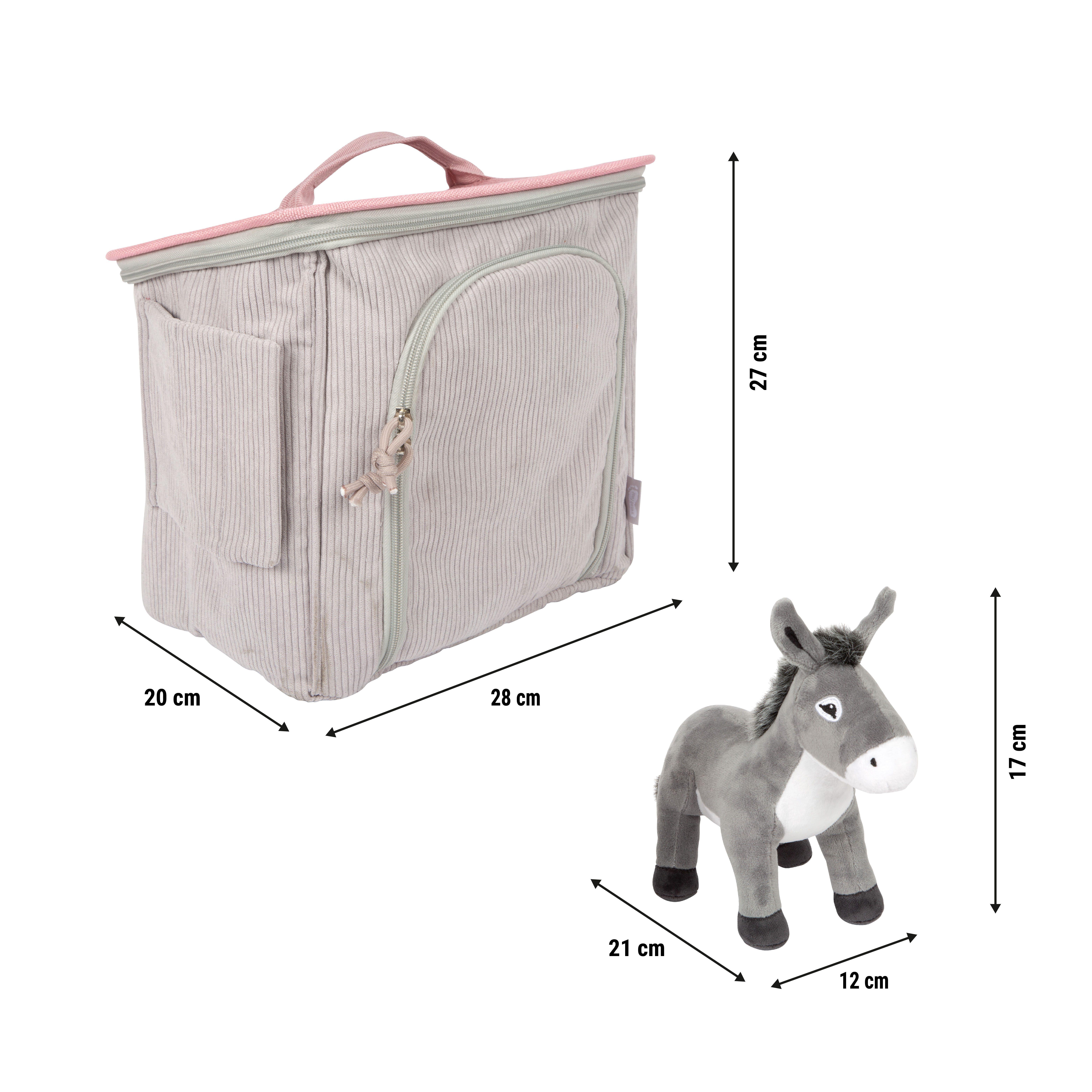 Spielset Esel mit Stall und Zubehör in der Tasche als Maßgrafik mit Produktabmessungen