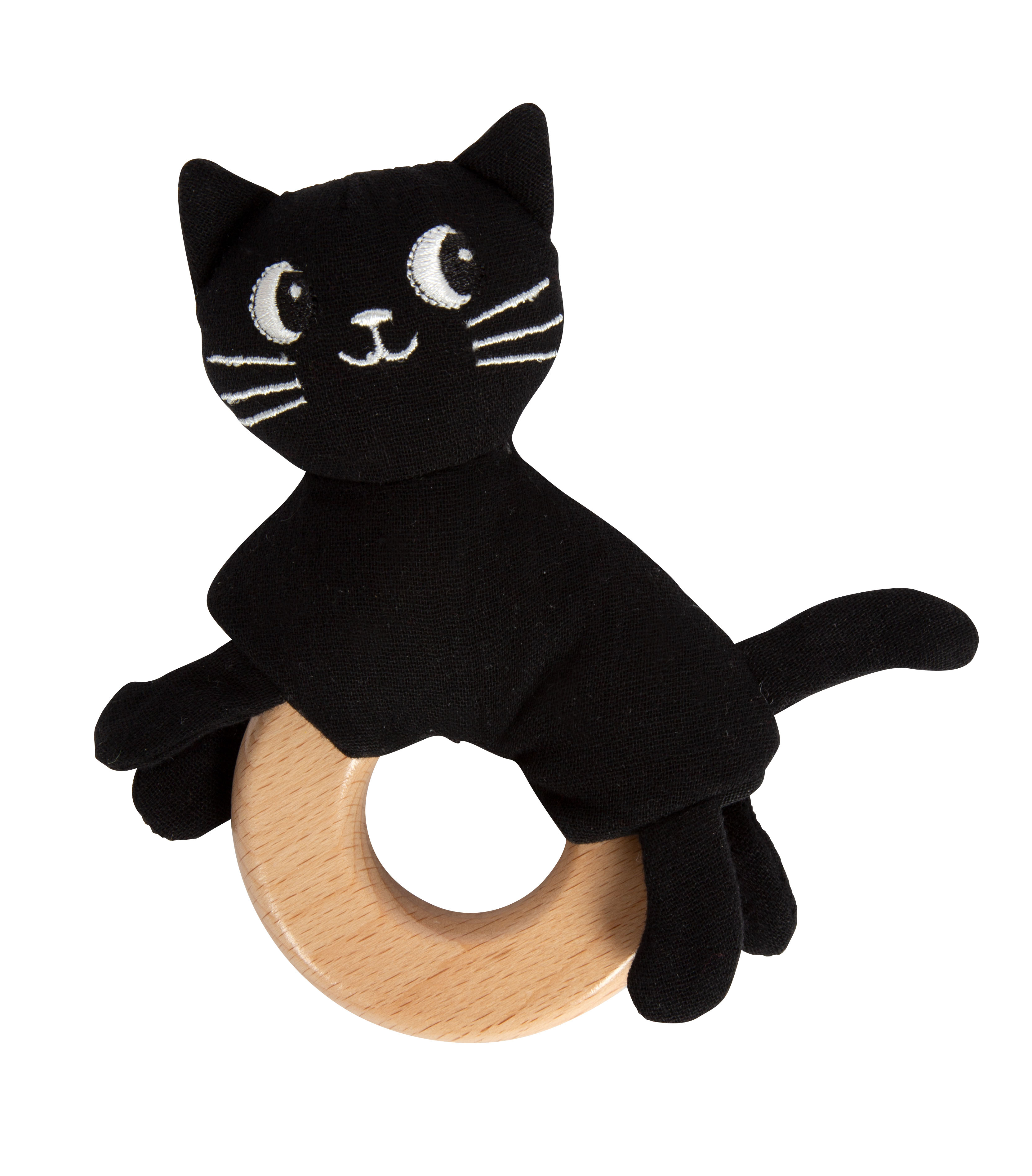 Katze, Plüsch, Ringspielzeug, Holzring, Schwarz, Schmusetier, Beißring, Katzenspielzeug, Holzring, Stoffkatzchen,  Katzen-Spielzeug, Beißring, Holzring, Schwarz, Kuschelspielzeug