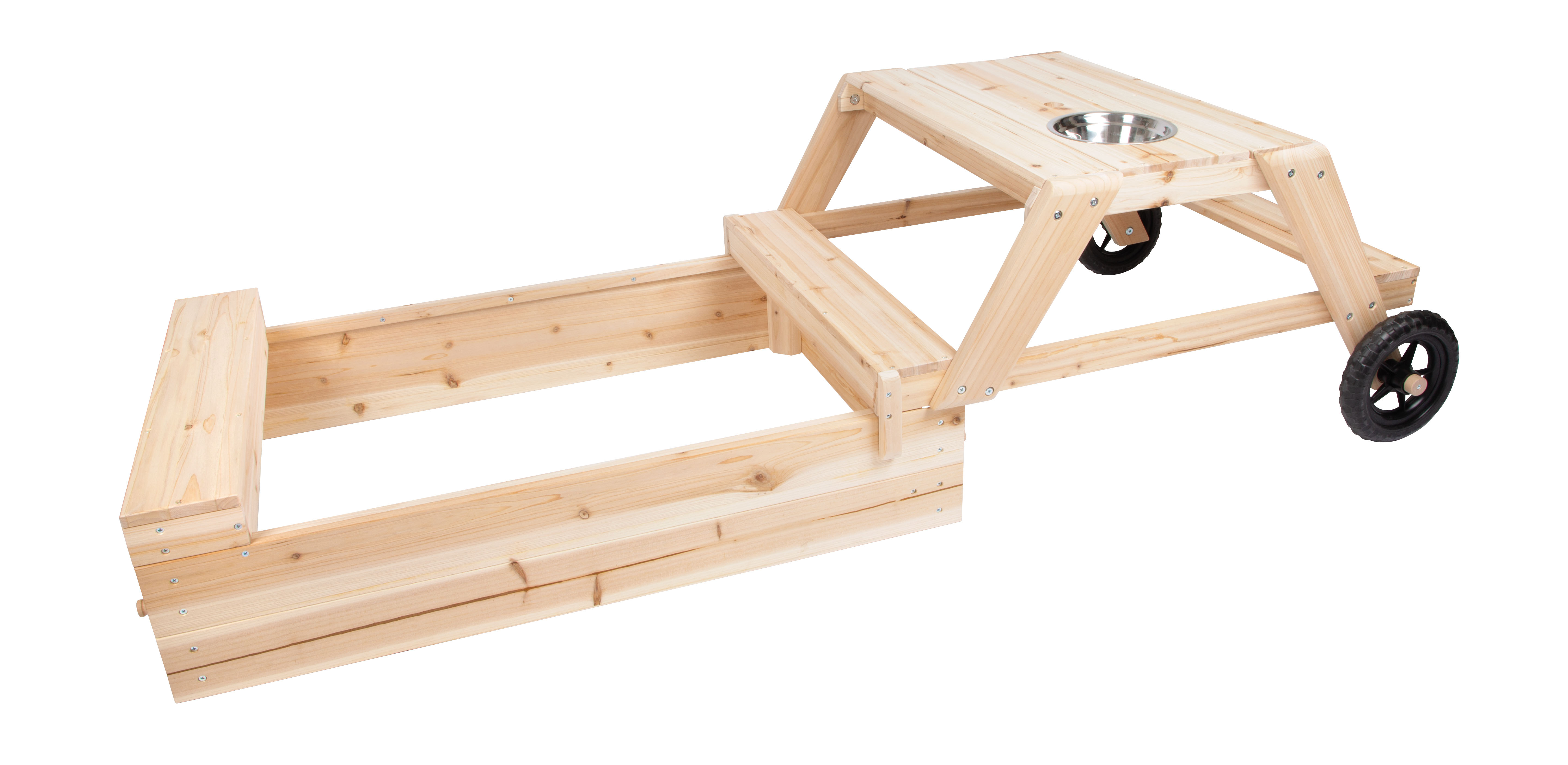 Sandkasten mit Sitzgruppe und Matschtisch für Kinder