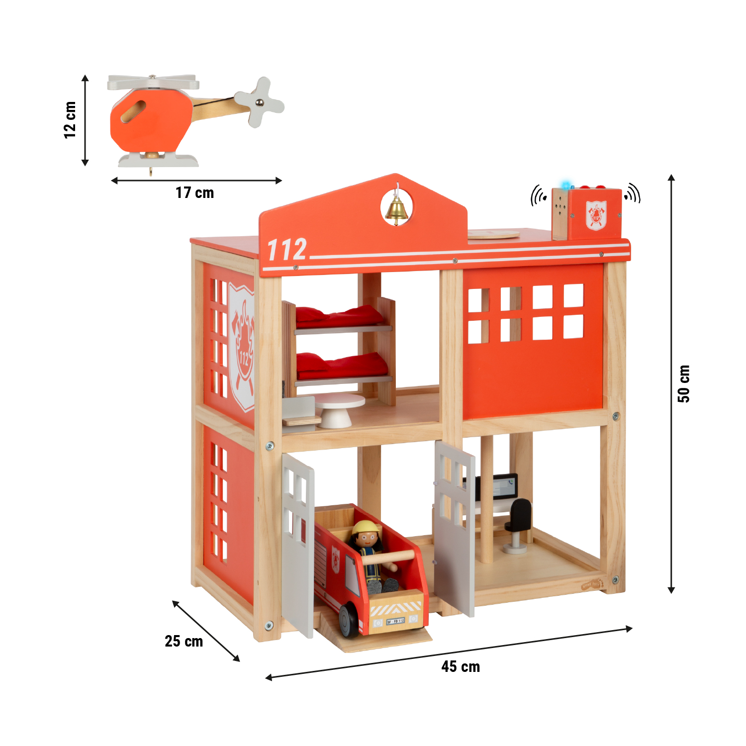 Größenskizze von Feuerwache aus Holz für Kinder