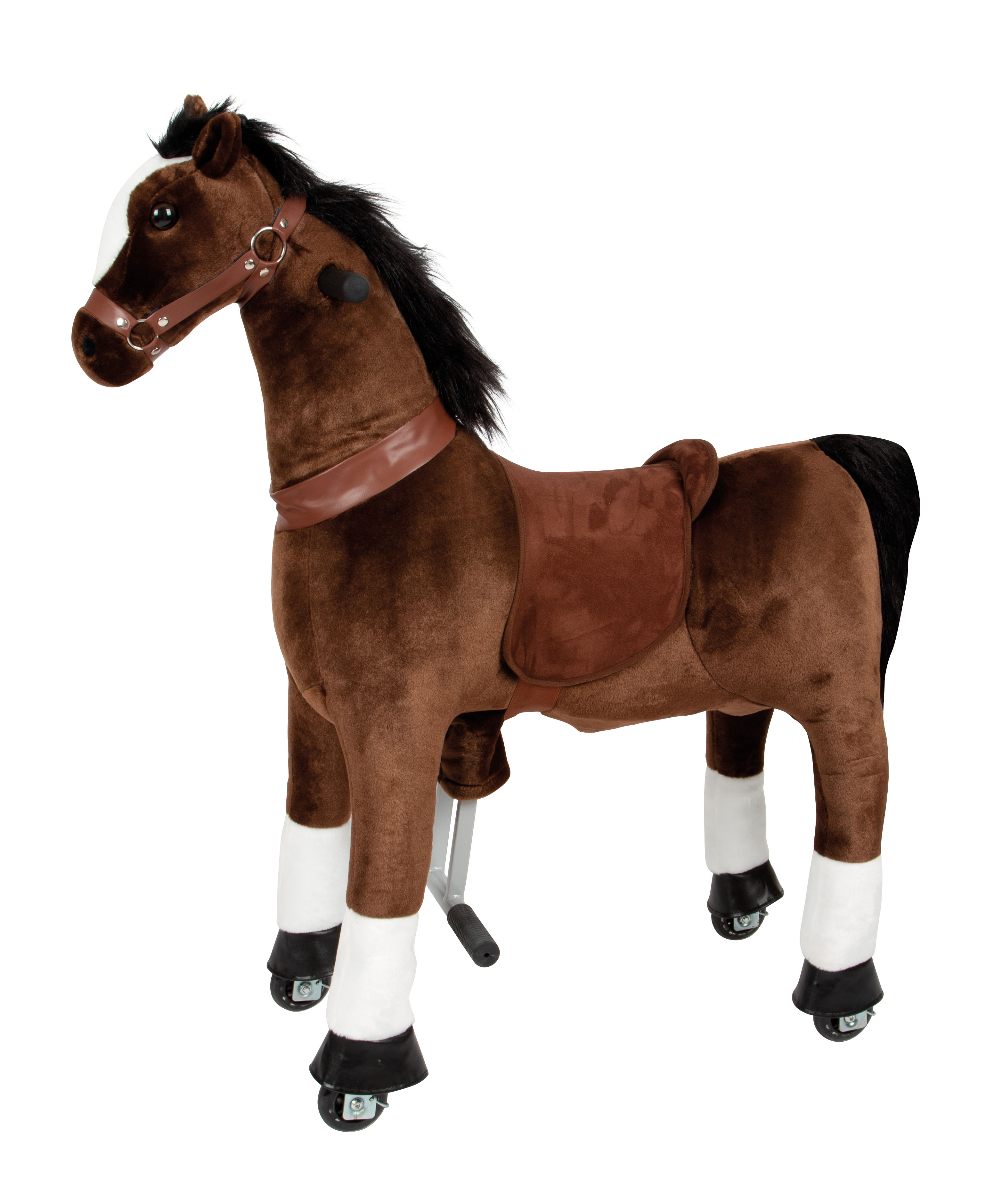 Dunkles Reitpferd mit Sattel und Zaumzeug