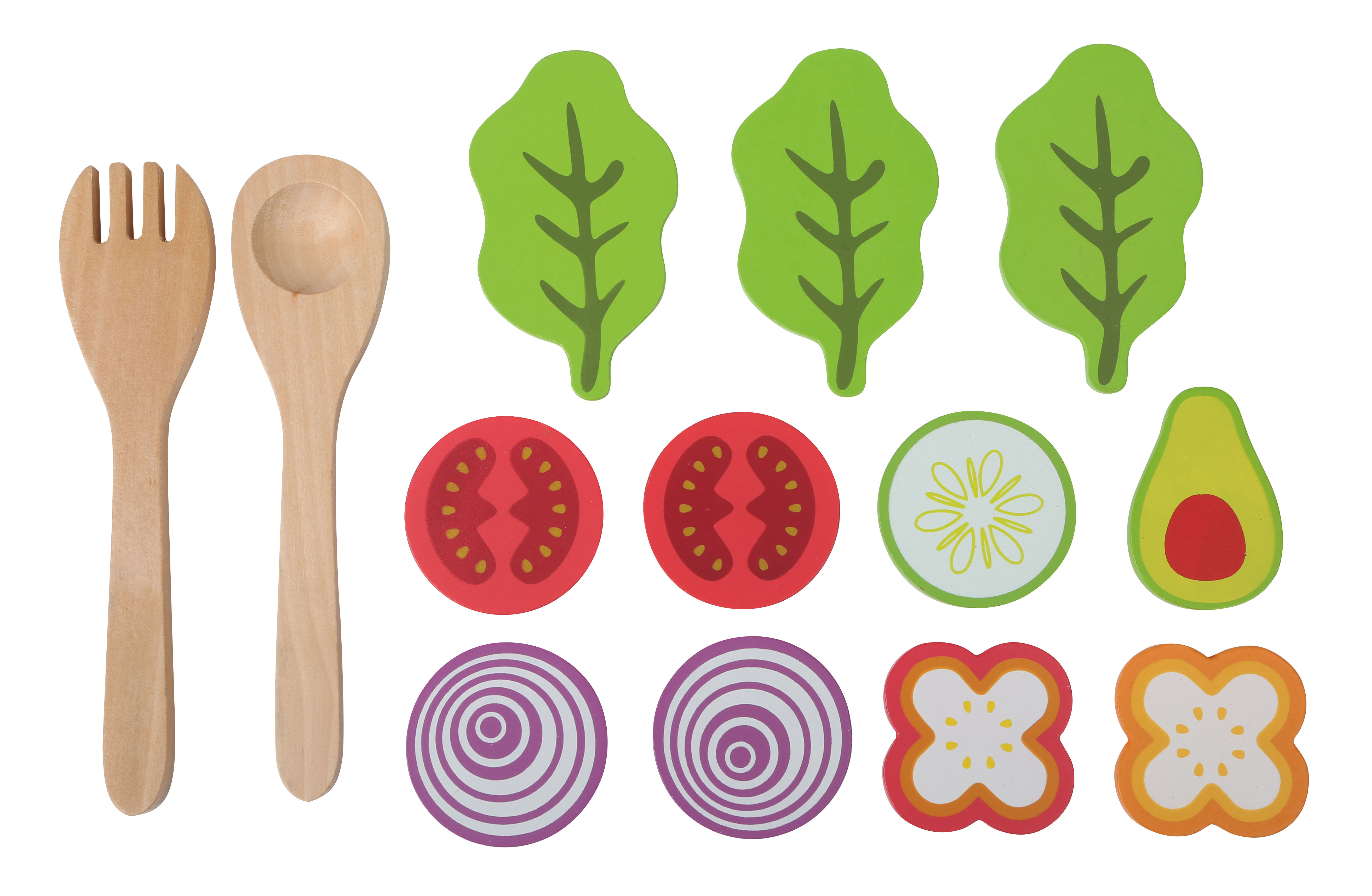 Zwei Kochlöffel aus Holz mit Salatbeilagen wie Salatblätter, Tomaten, Zwiebeln, Gurke, Avocado aus Holz zum Mischen eines Salates in der Kinderküche