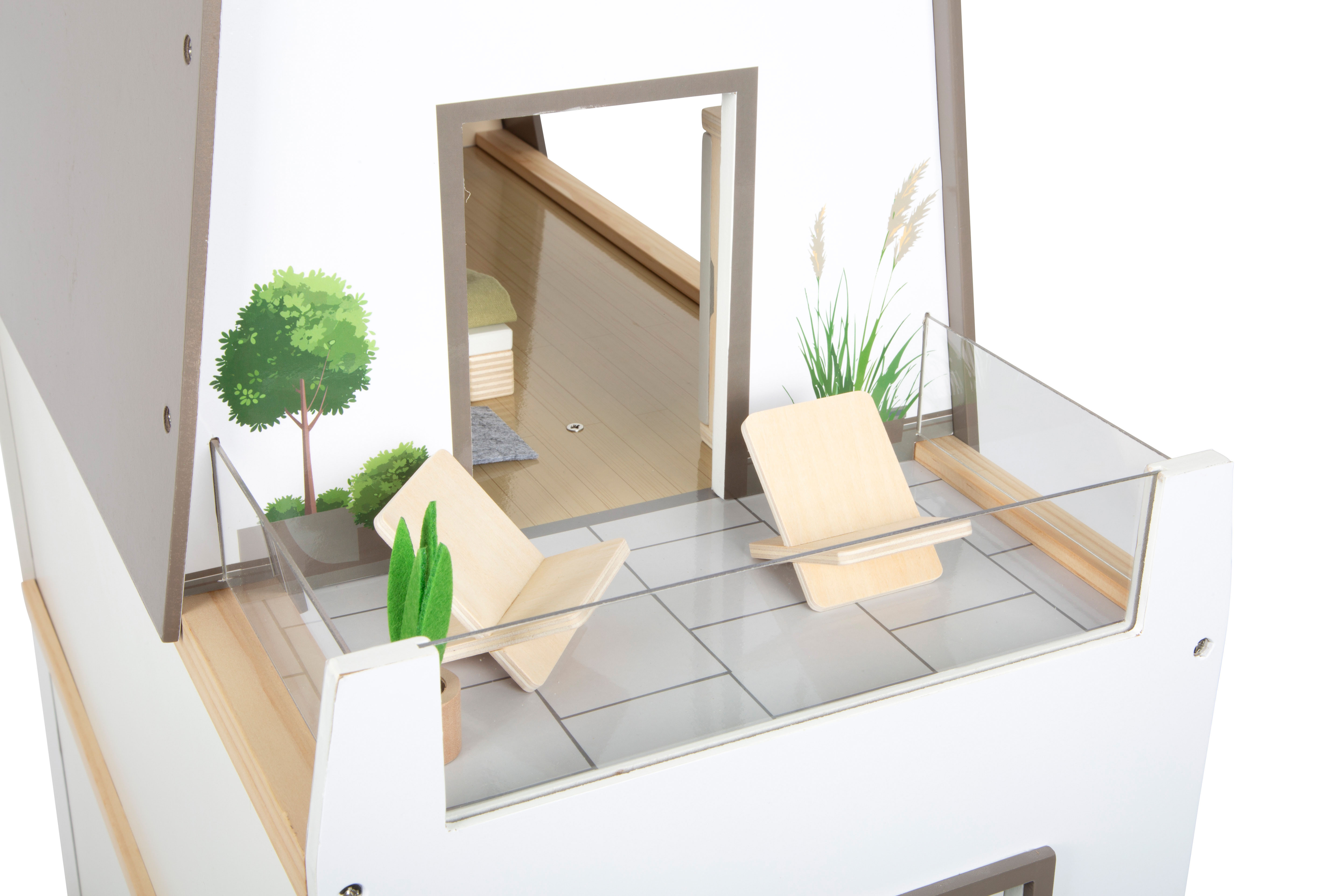 Puppenhaus mit Garten und Puppen mit Balkon