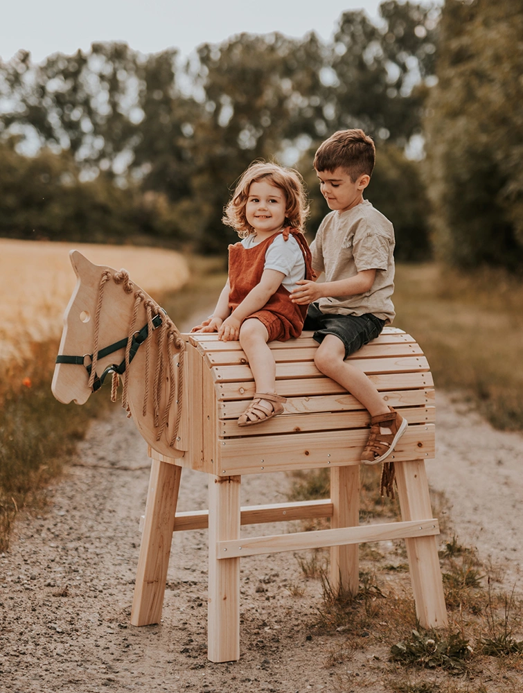 Zwei Kinder reiten auf Holzpferd
