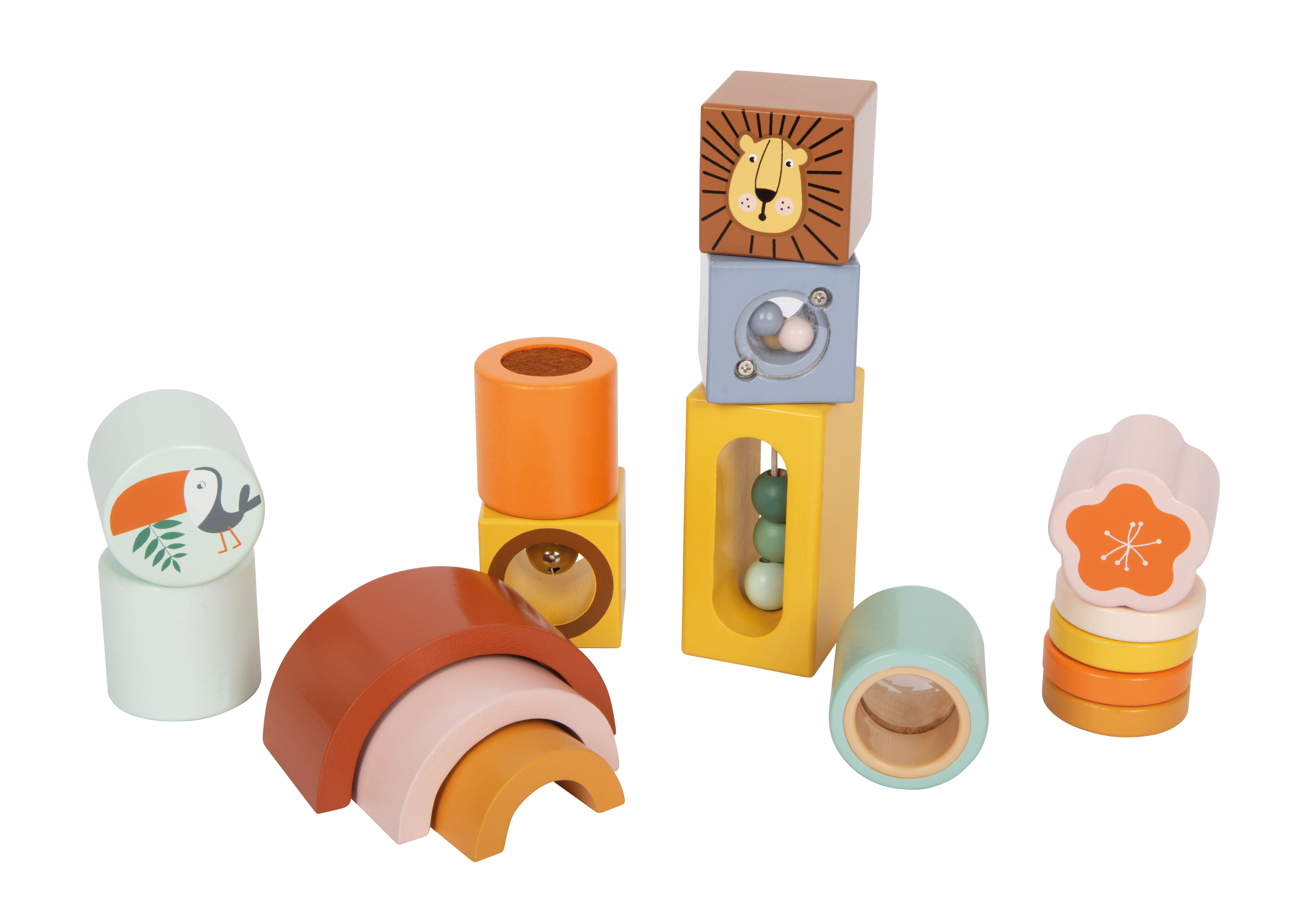 Bunte Holzbausteine in verschiedenen Formen