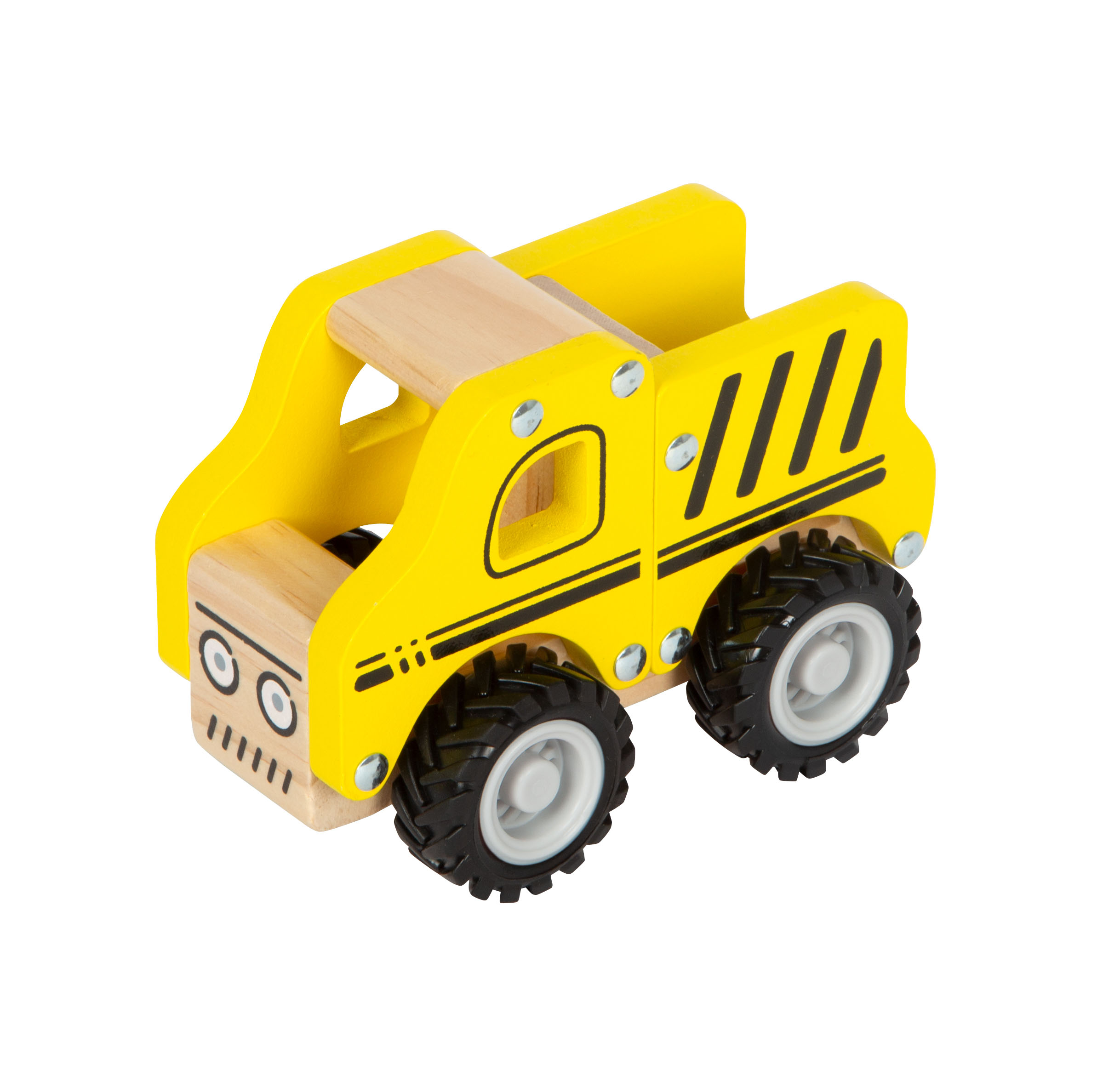 toy truck, wooden vehicle, yellow, four wheels, construction toy