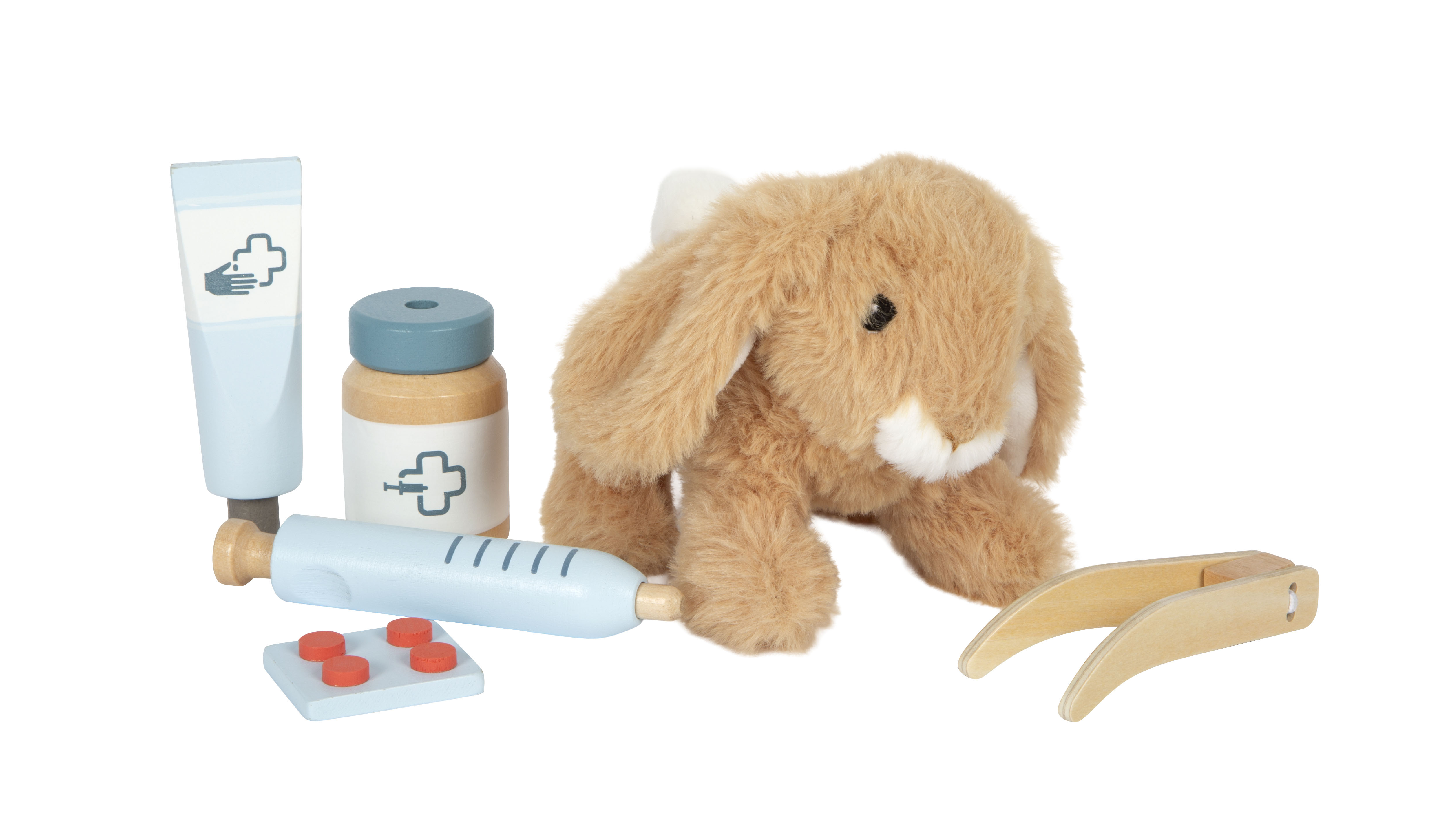 Stoffhase mit Pinzette, Spritze, Tube und Tabletten aus Holz