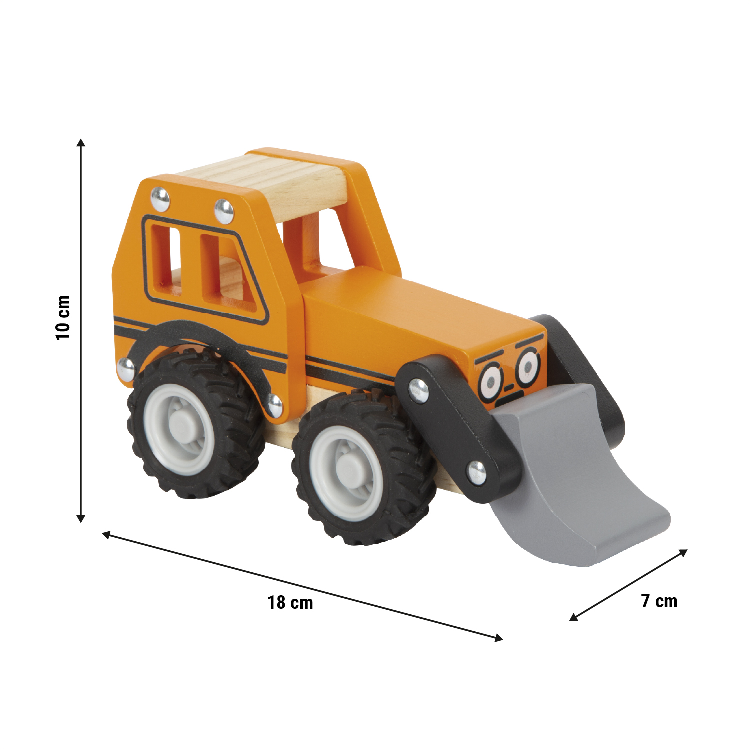 Holzspielzeug, Kleinbagger, Spielzeugauto, Gummiräder, Gelb-orange