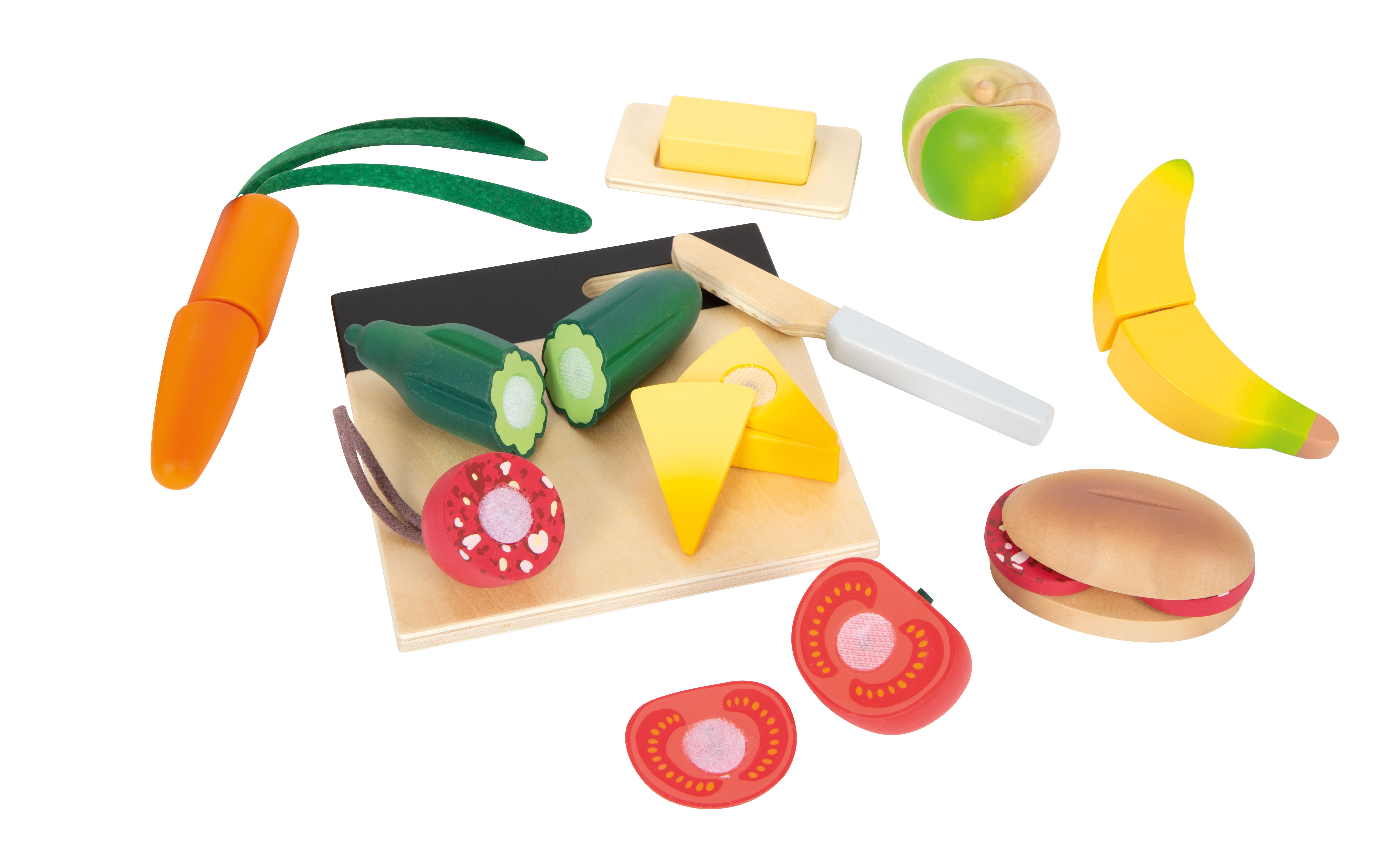 Spiellebensmittel aus Holz mit Brettchen zum Spielen