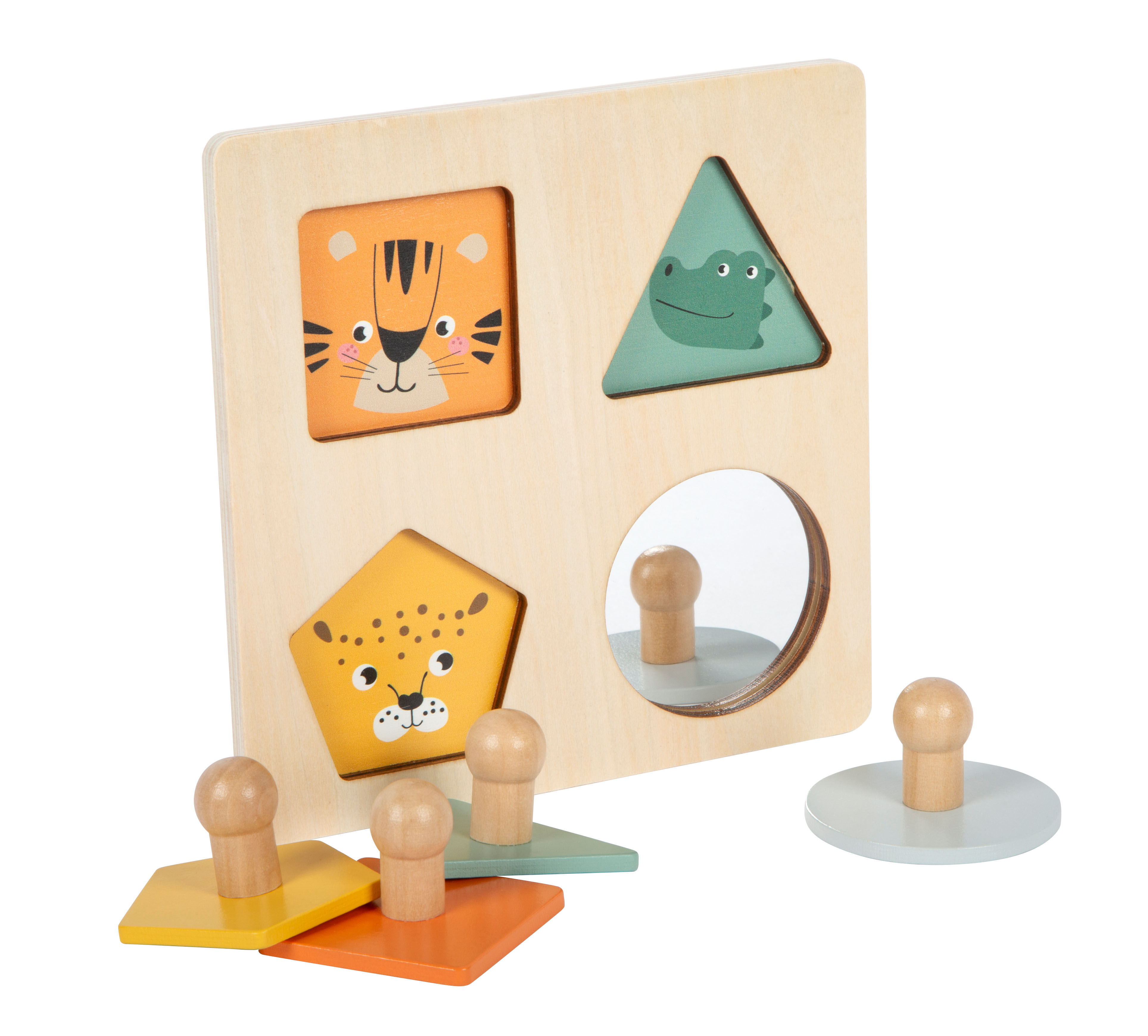 Holzpuzzle mit vier Teilen und drei Tiergesichtern