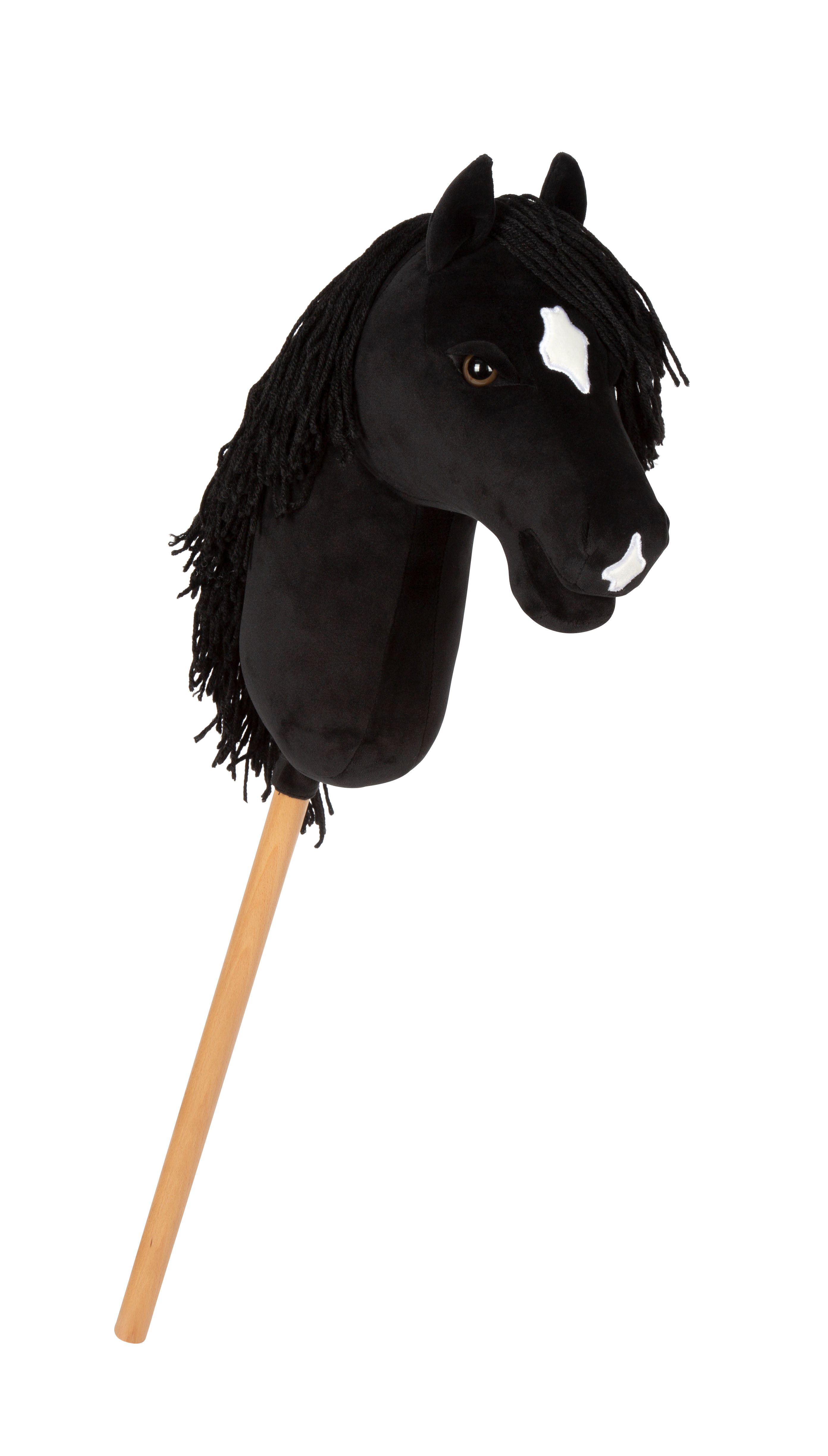 Schwarzes Steckenpferd aus Plüsch mit schwarzer Mähne