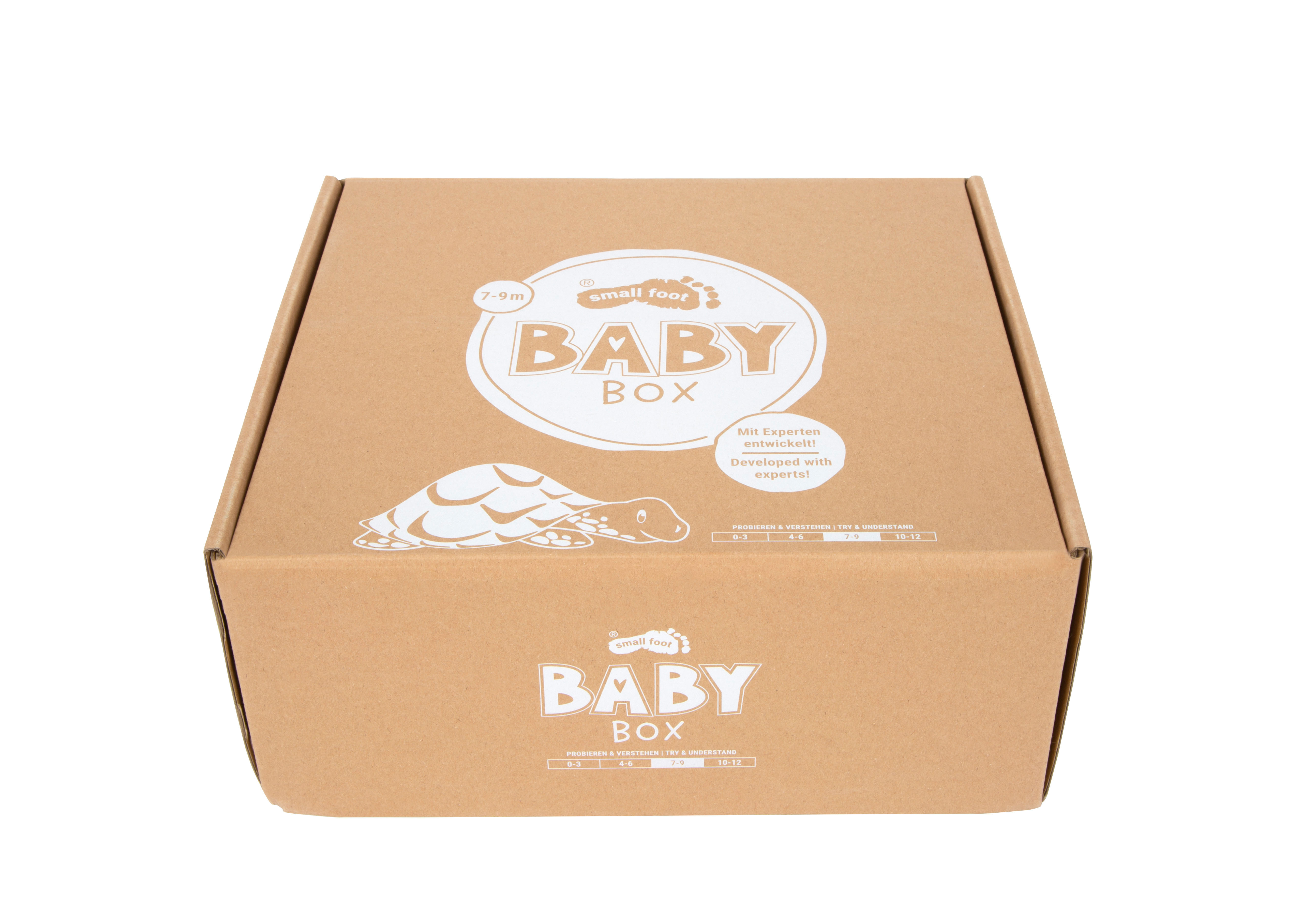 Baby-Box, Pappkarton, Verpackung, Schildkröten-Grafik, kleine Fußabdruck, Baby box, Kartonbox, Kinderbox, Tierabbildung, Paketbox