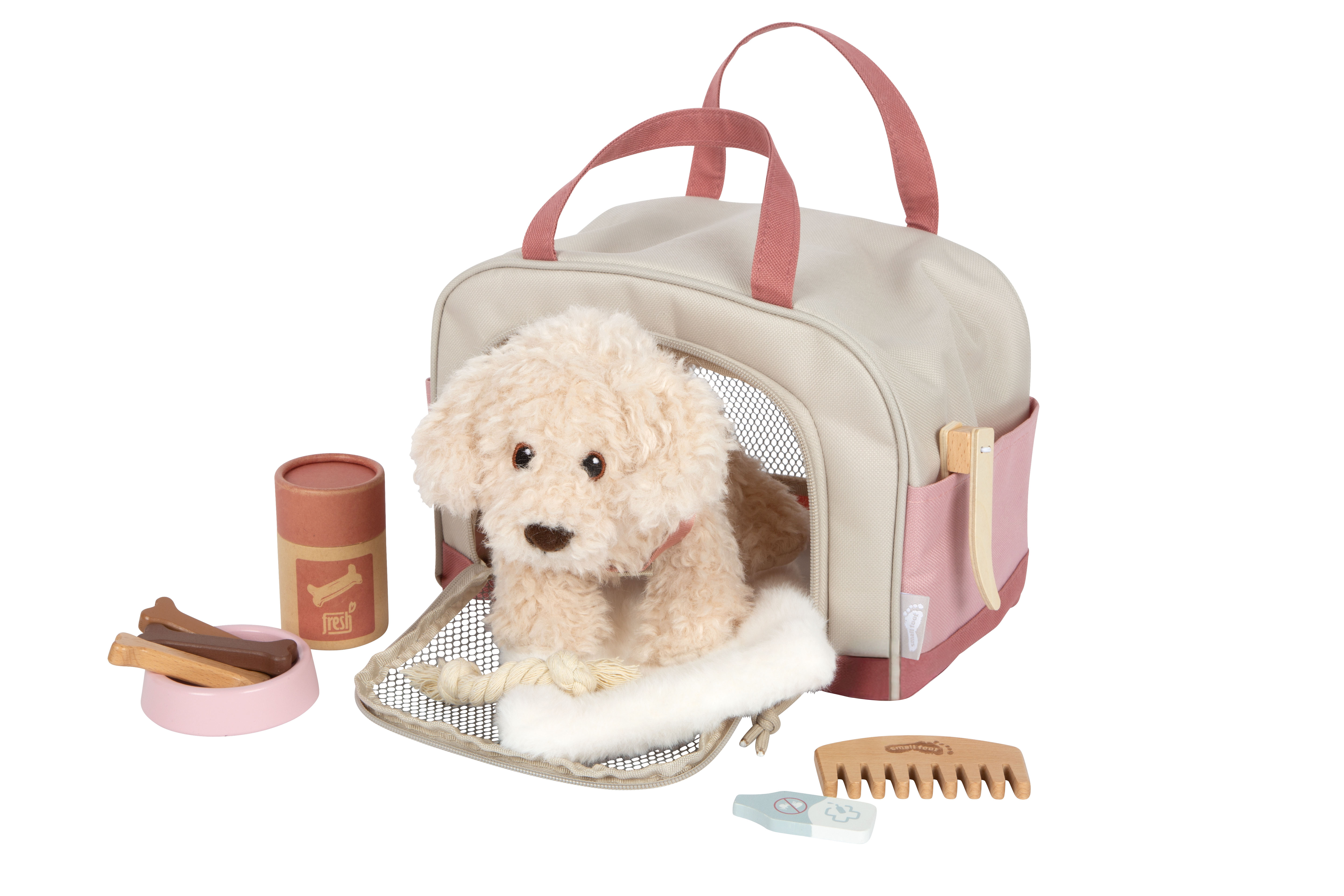 Spielzeughund, Tierhaus-Set, Koffertasche, Pflegeset, Holz-/Kunststoffspielzeug