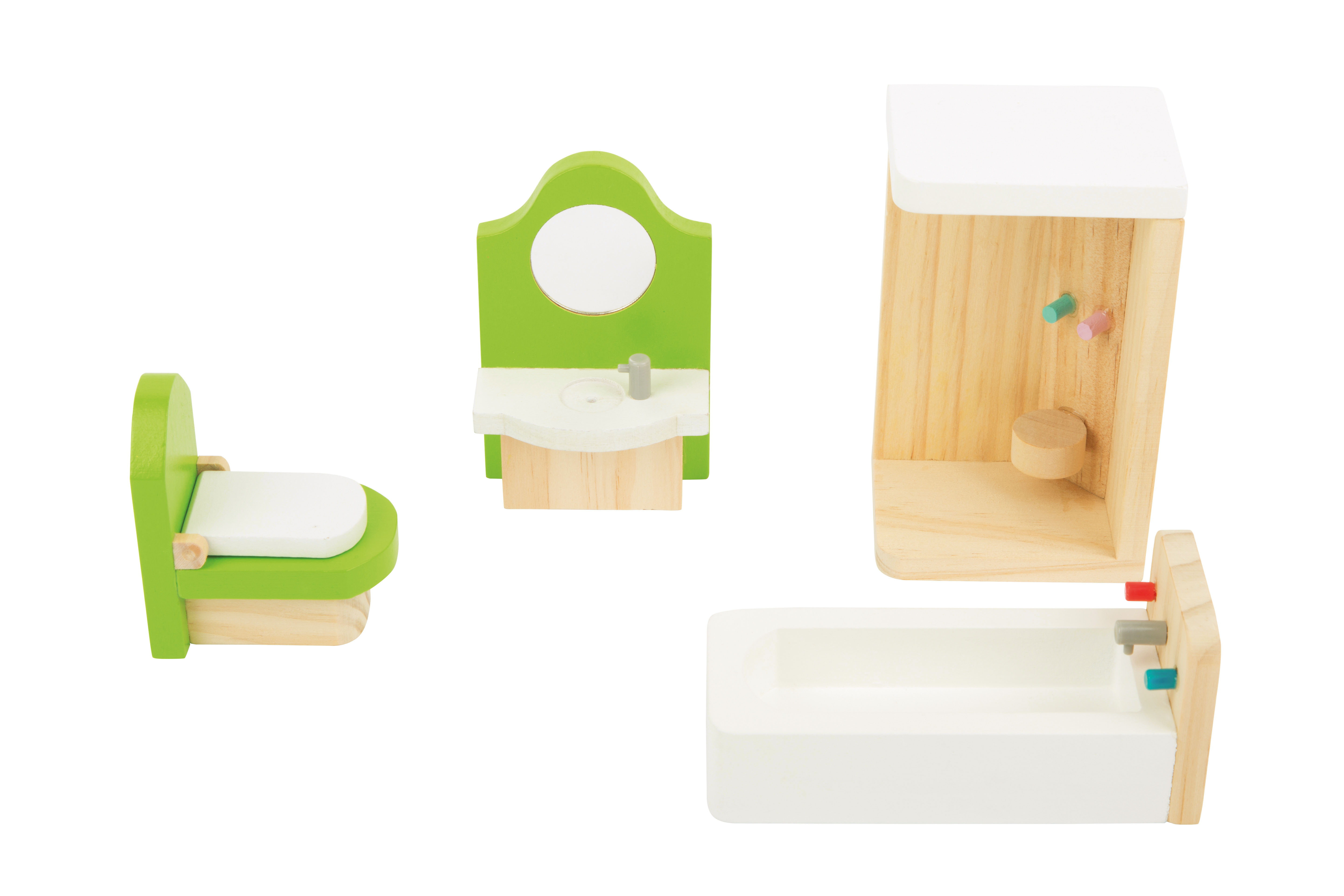 Puppenhausmöbel aus Holz, Badezimmer in grün