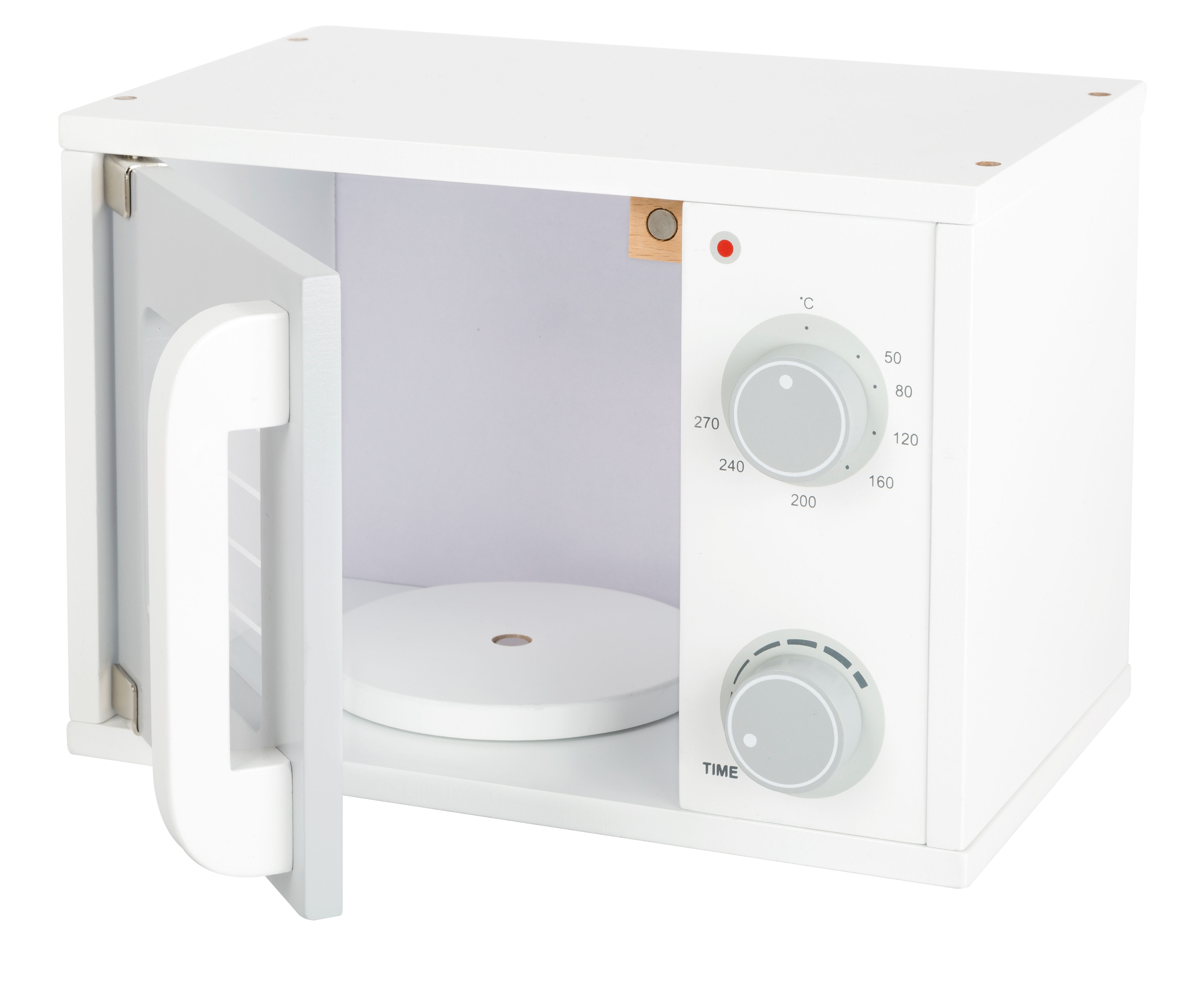 Geöffnete Mikrowelle in der das zuvor gekochte Essen aus der Kinderküche warm gemacht werden kann