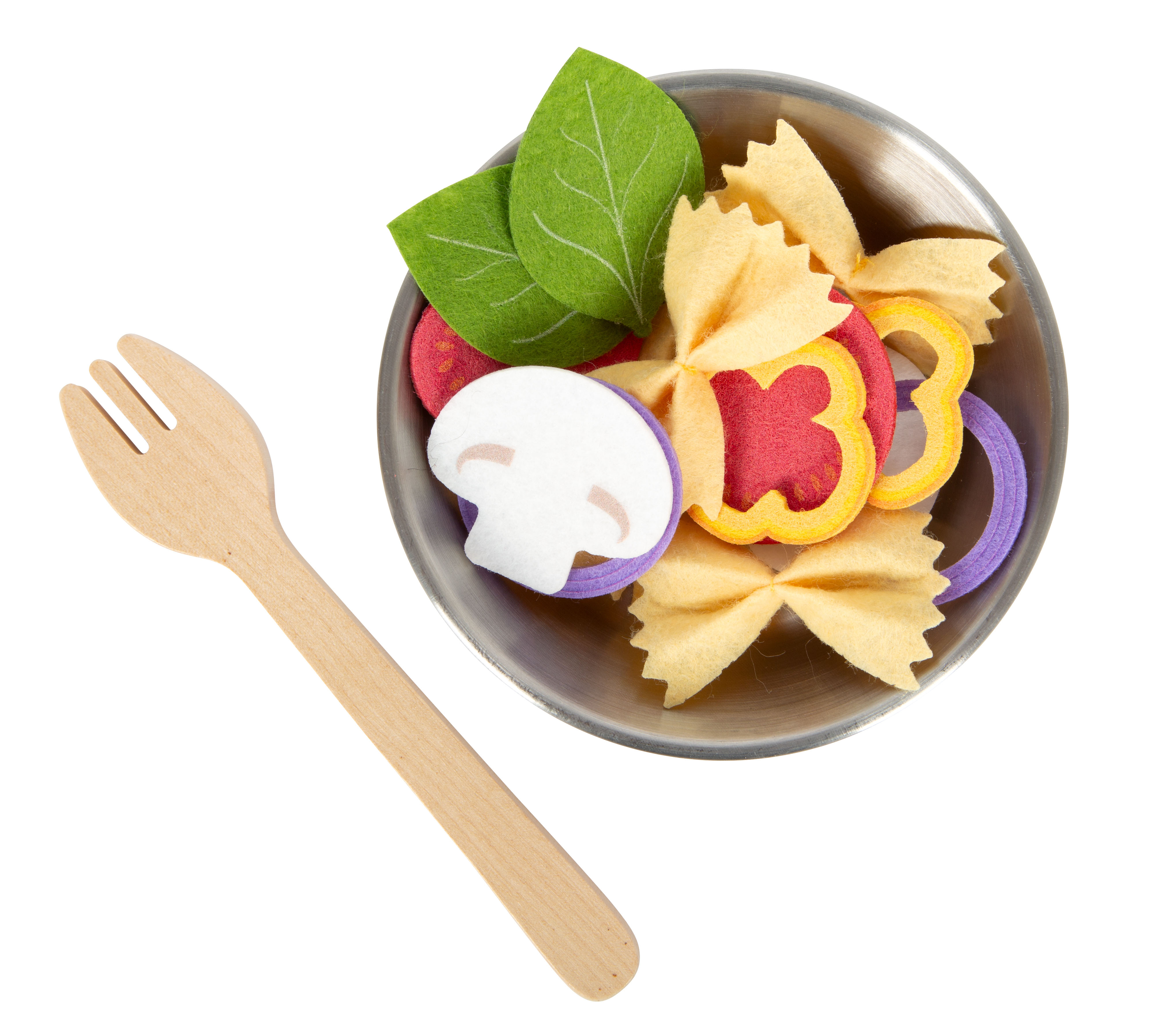 Blaue kompakte Kinderküche mit Metallschüssel und Salat