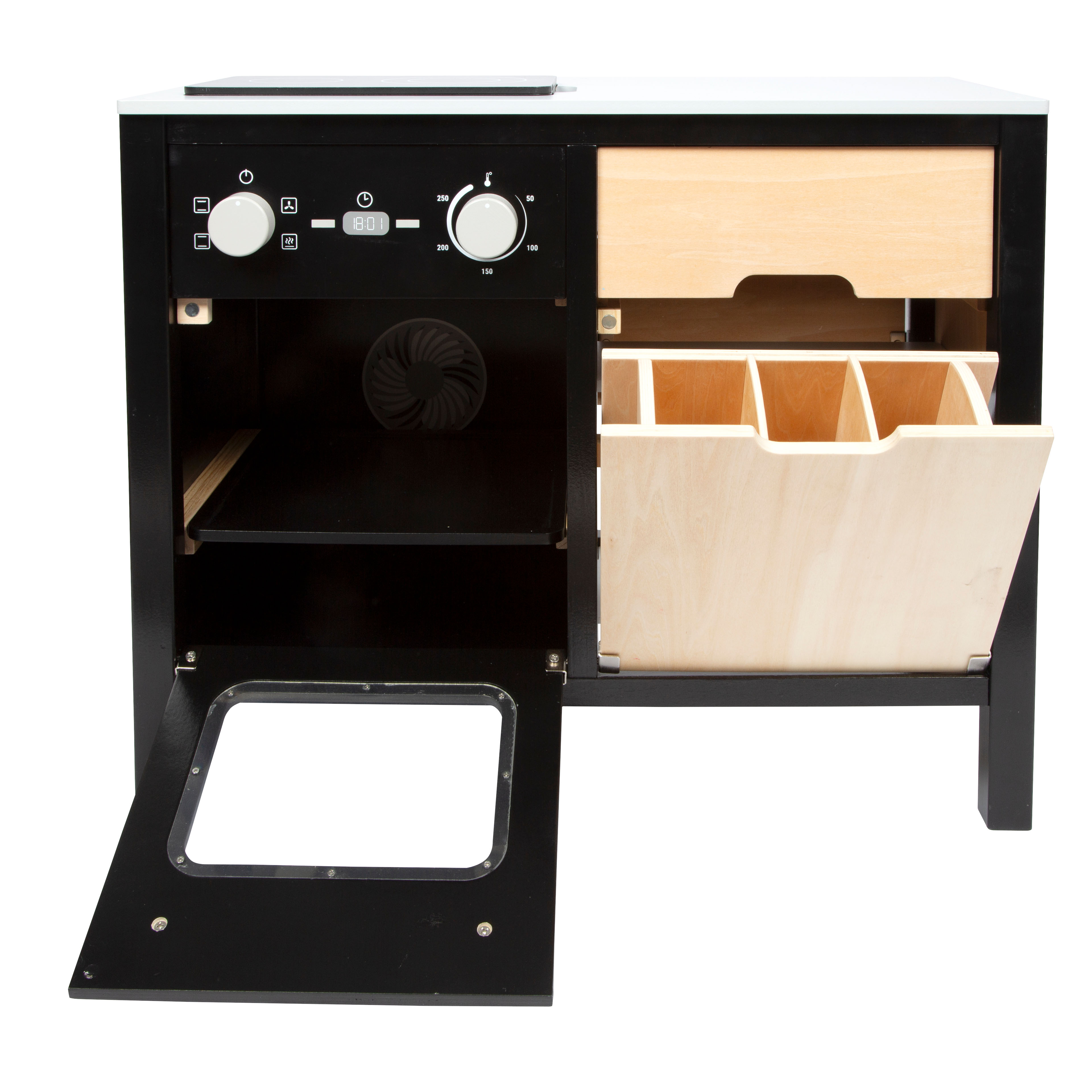Schwarze Spielküche mit Mülleimer und Backofen