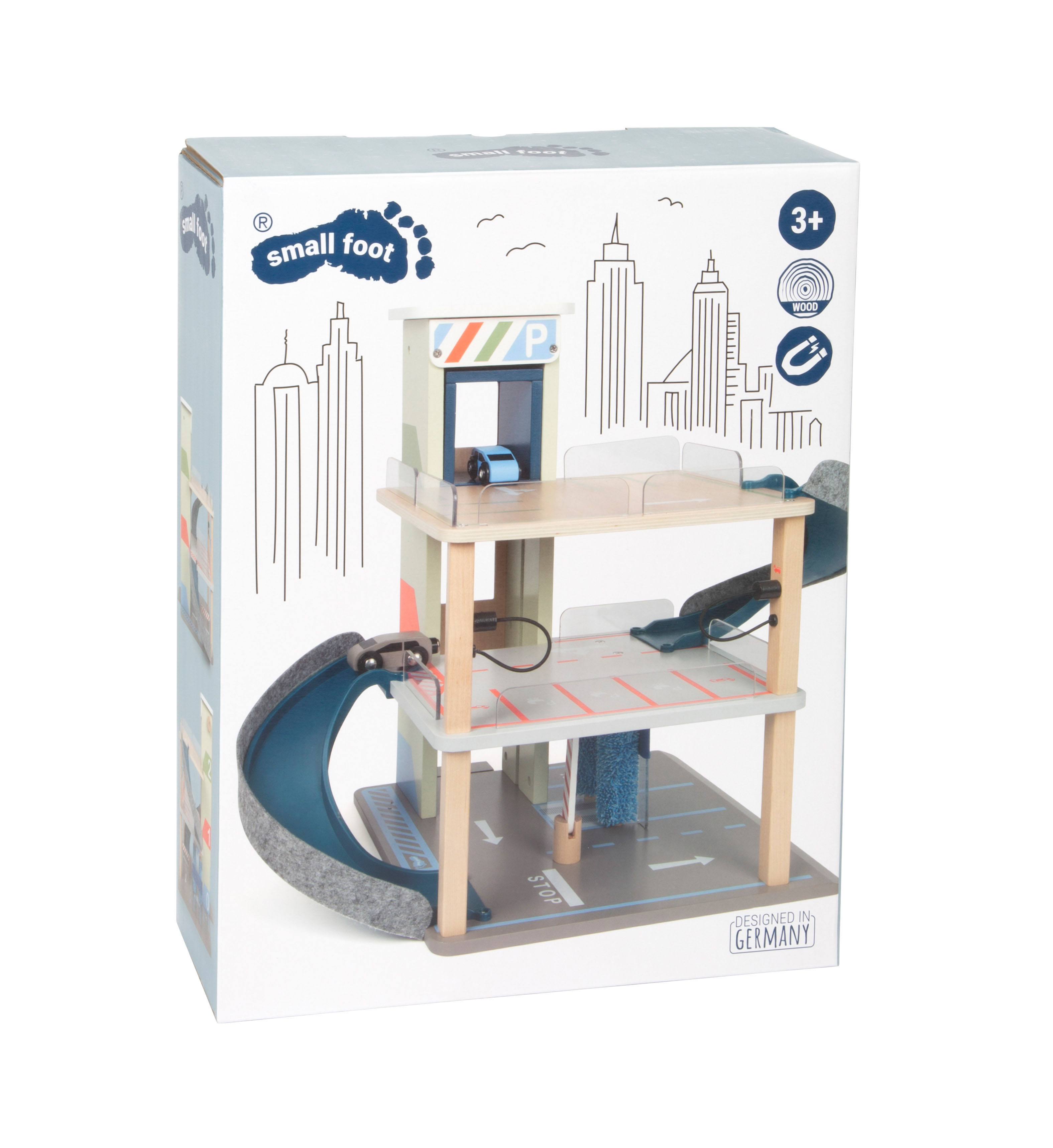 Verpackung von Parkhaus aus Holz zum Spielen