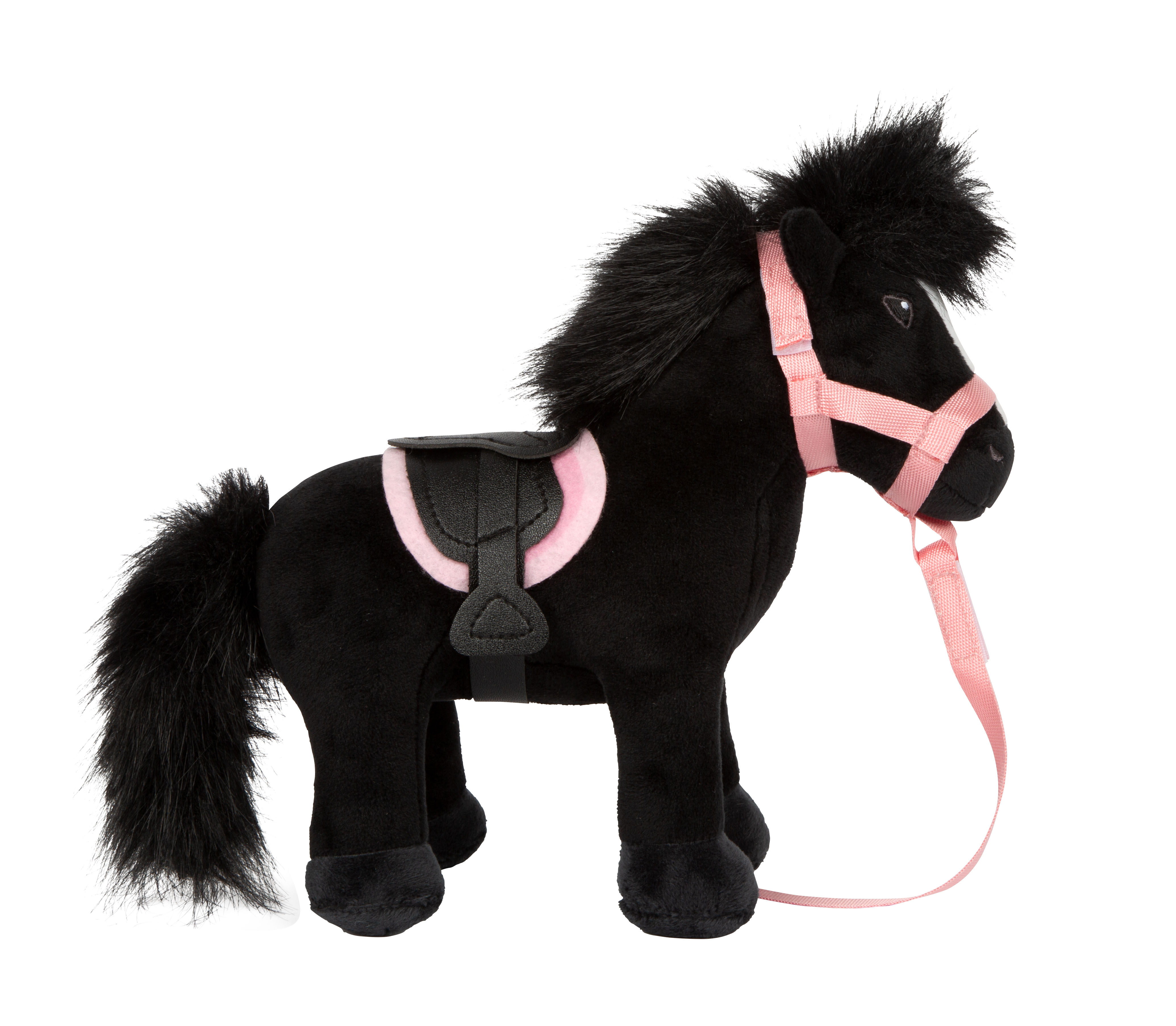 Schwarzes Plüschpferd Blacky mit rosa Zaumzeug