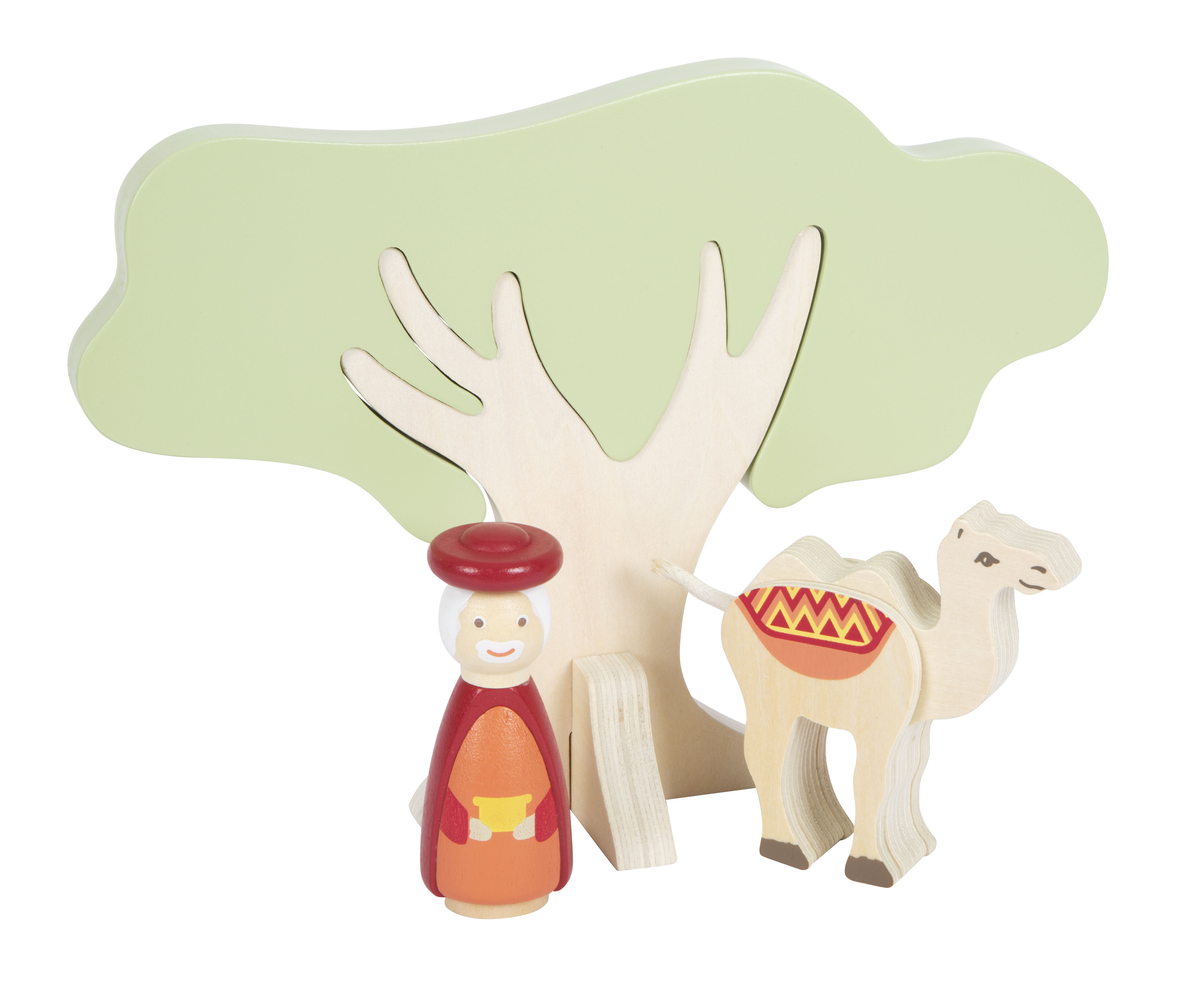 Krippenfiguren und Baum aus Holz für Kinder
