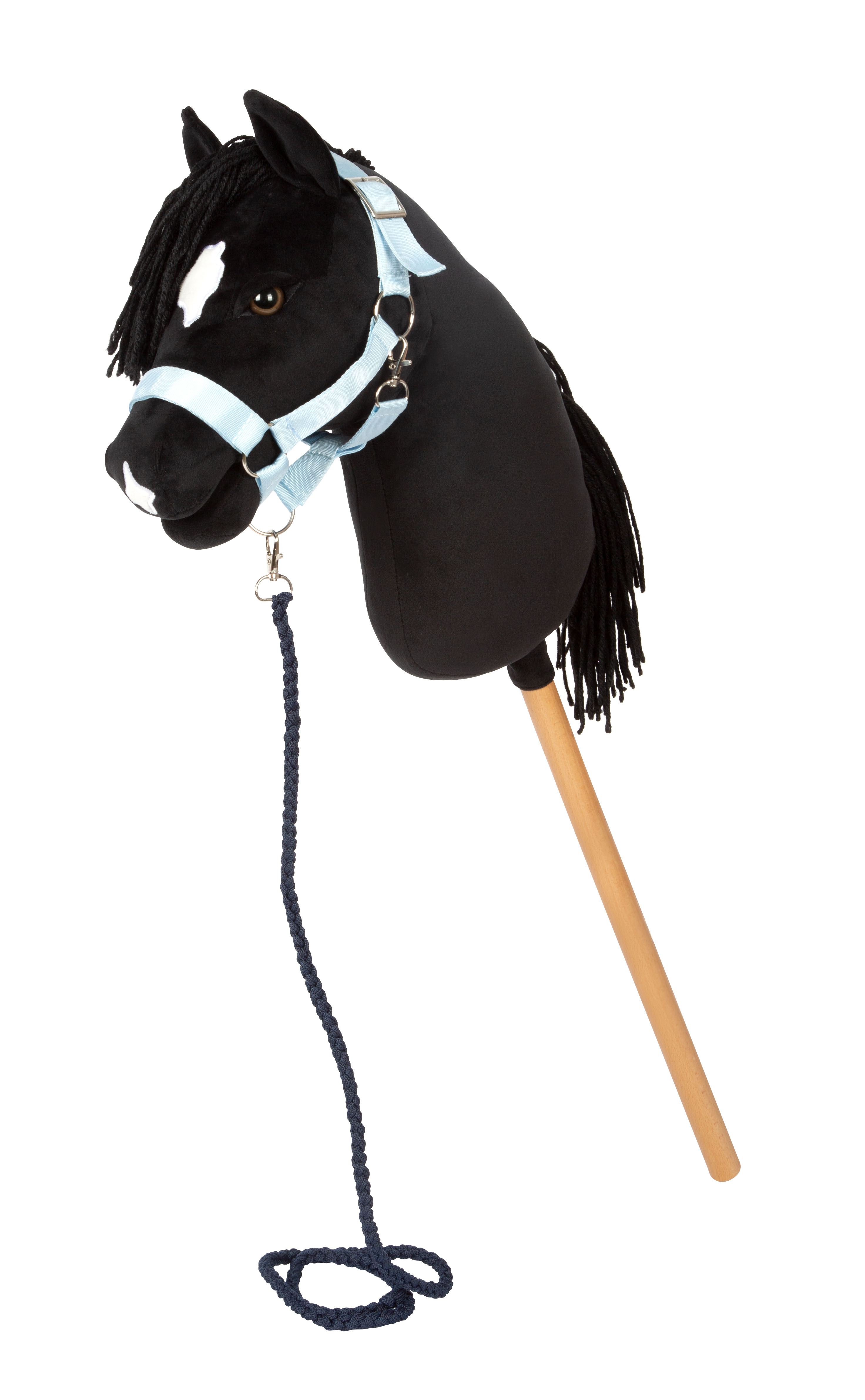 Schwarzes Hobby Horse aus Plüsch mit hellblauem Halfter und Führstrick