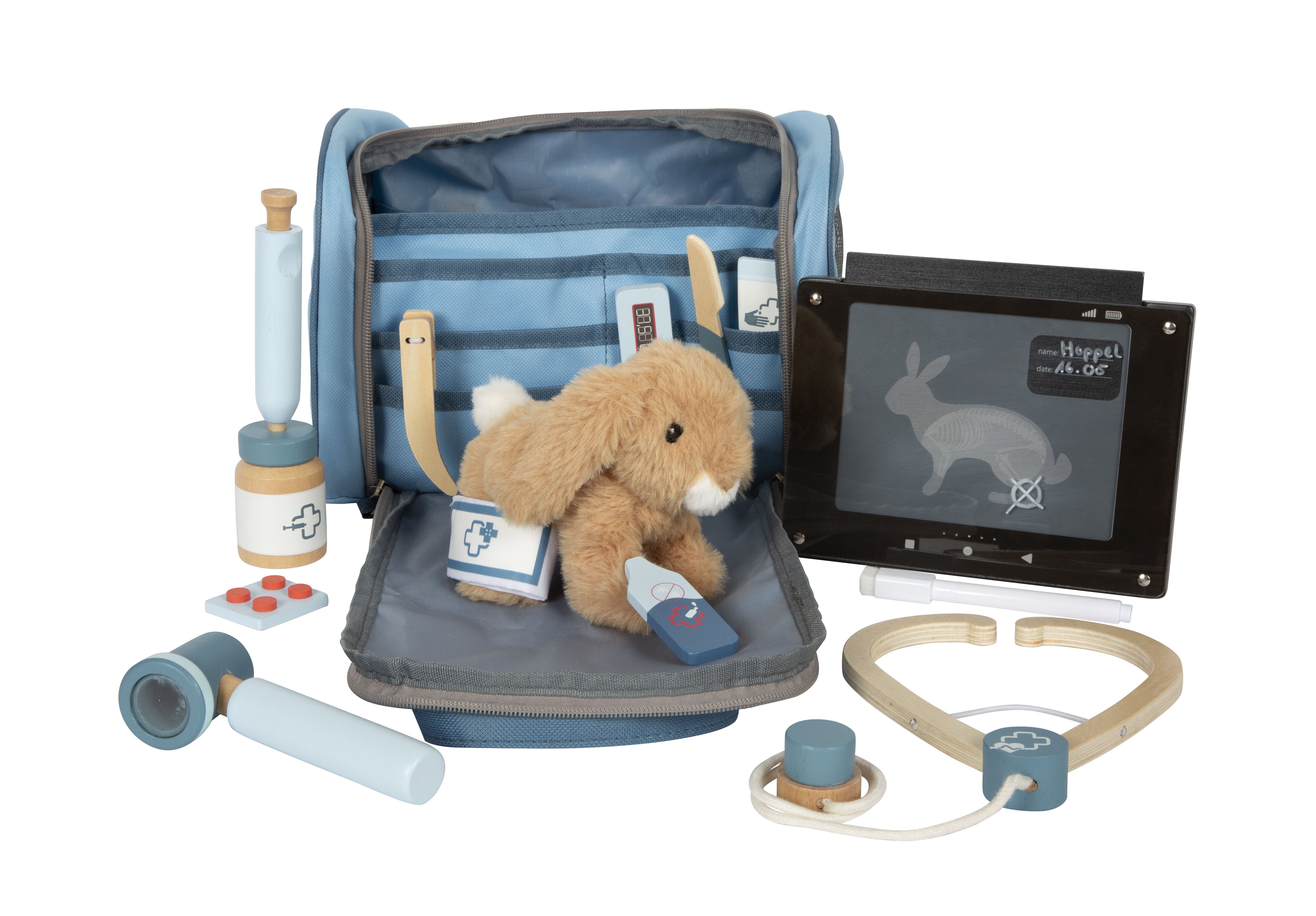 Spiel-Tierarzt-Tasche mit Stoffhase und Zubehör aus Holz für Kinder