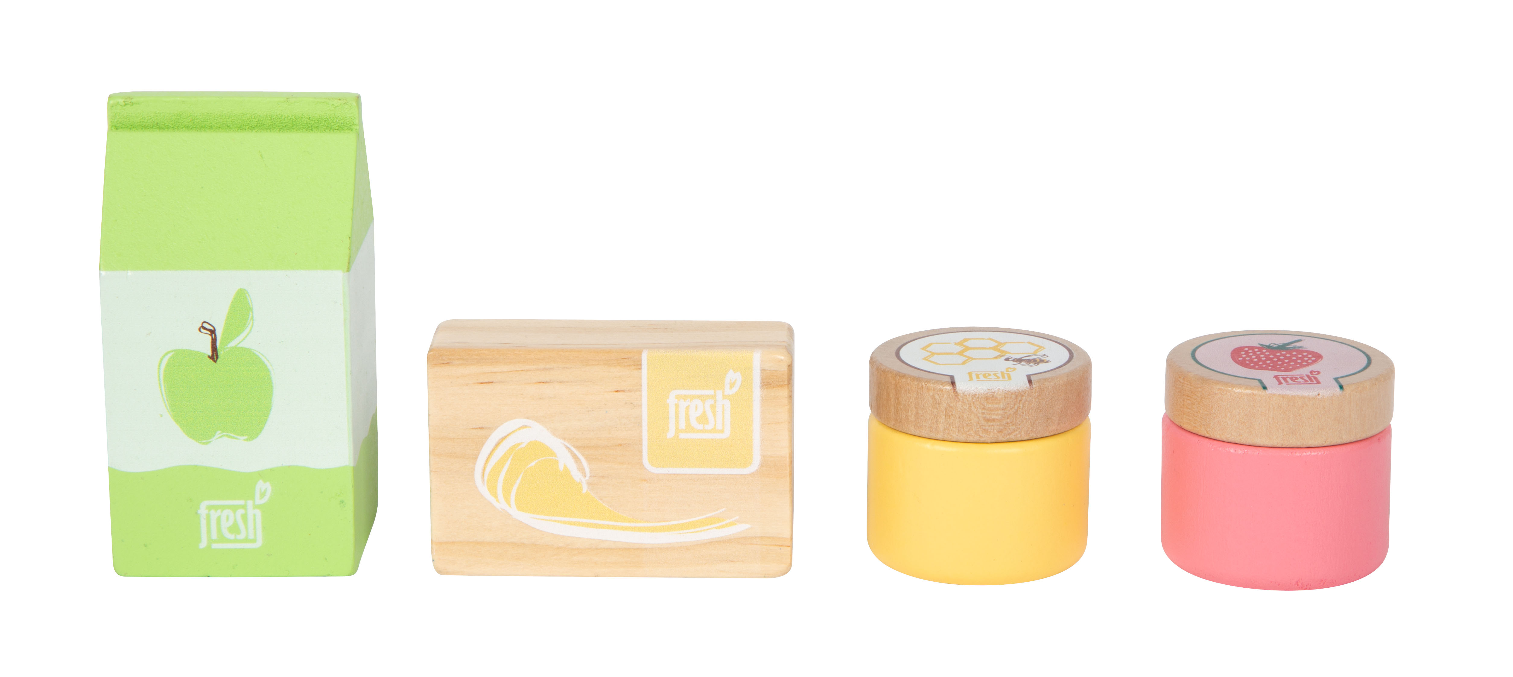 Blauer kompakter Kaufladen mit Butter, Margarine, Apfelsaft, Honig und Marmelade