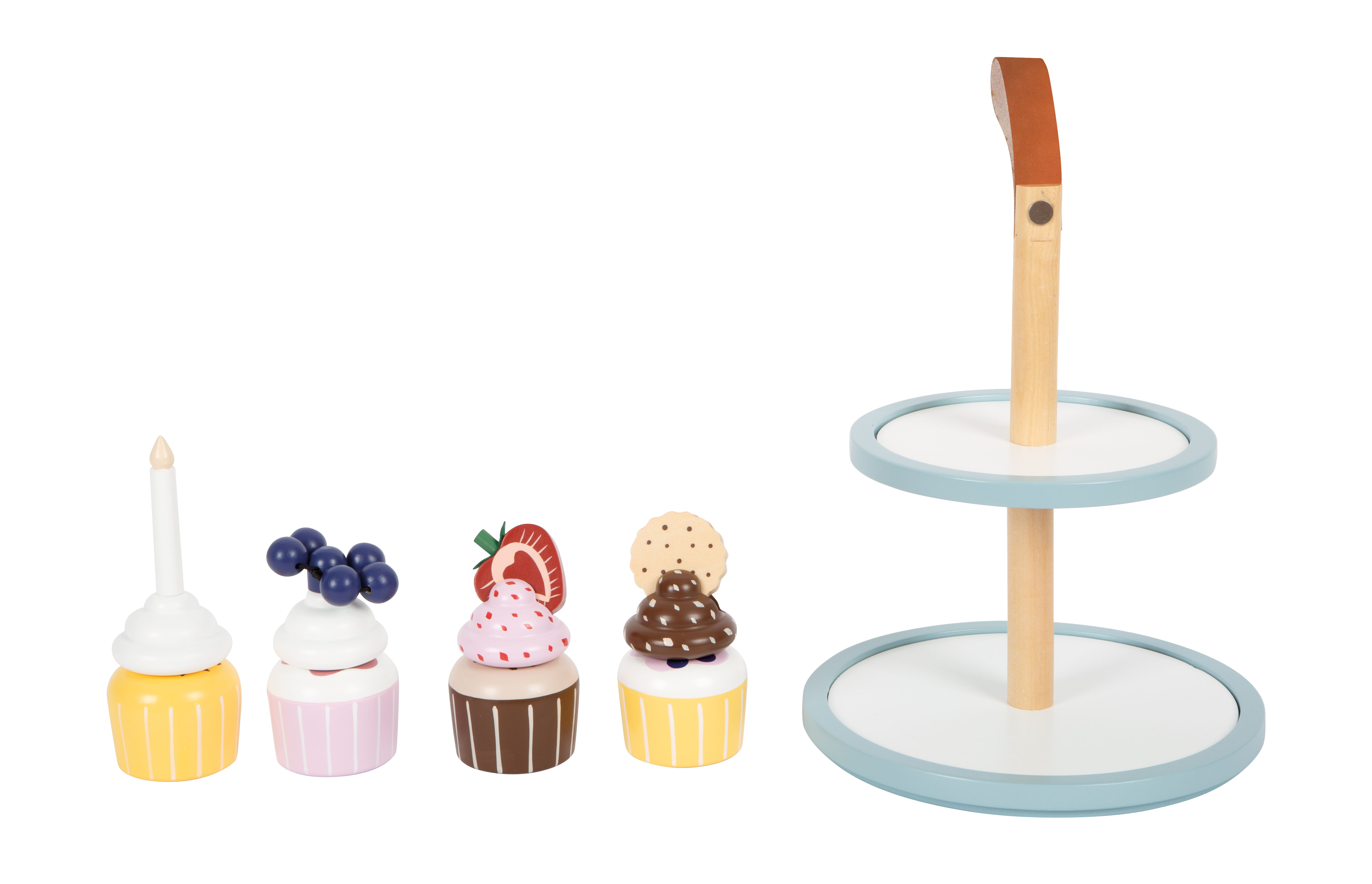 Etagere und vier bunte Cupcakes zum Spielen
